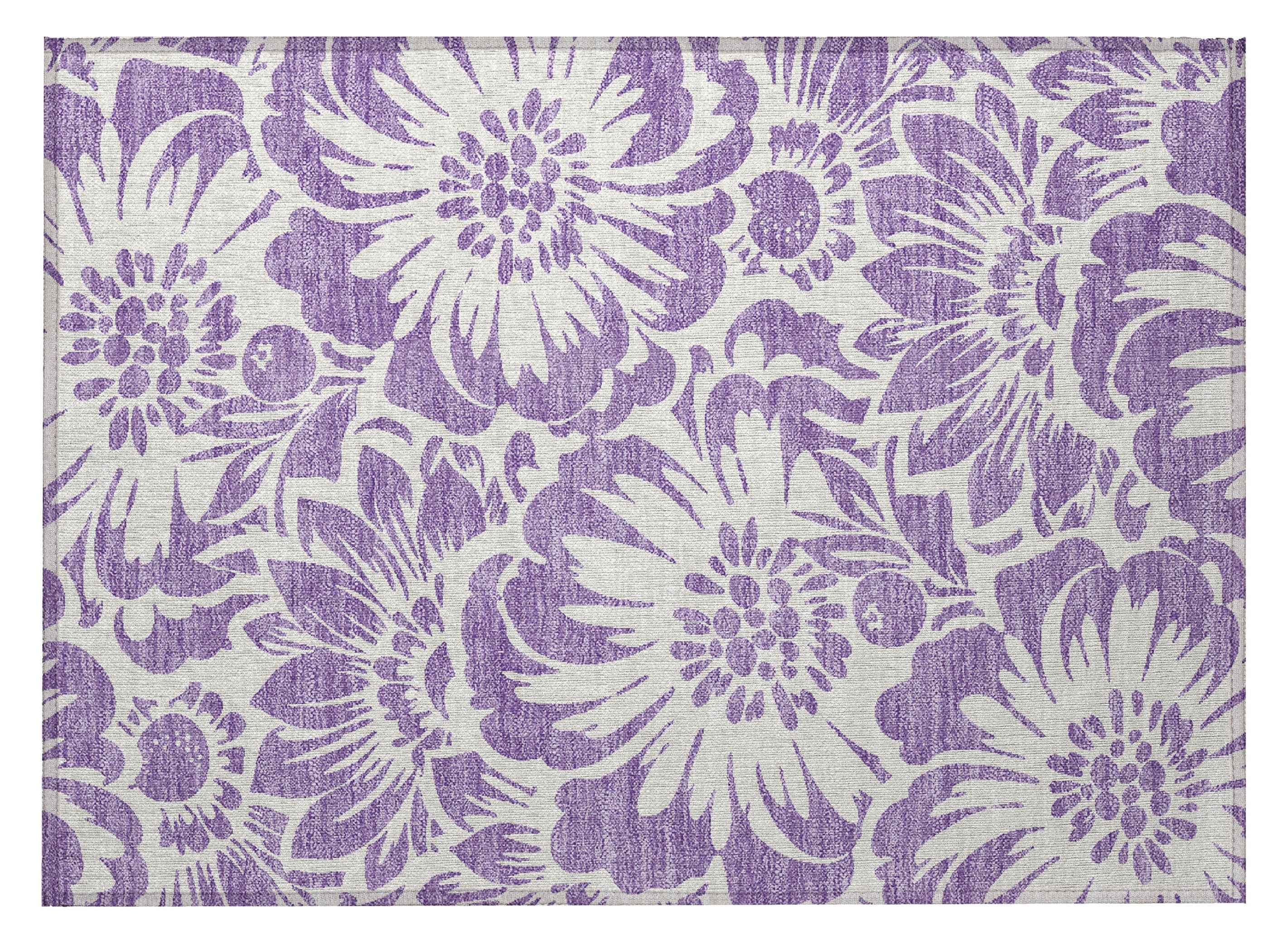 2' X 3' Purple and Ivory Floral Washable Non Skid Indoor Outdoor Area Rug