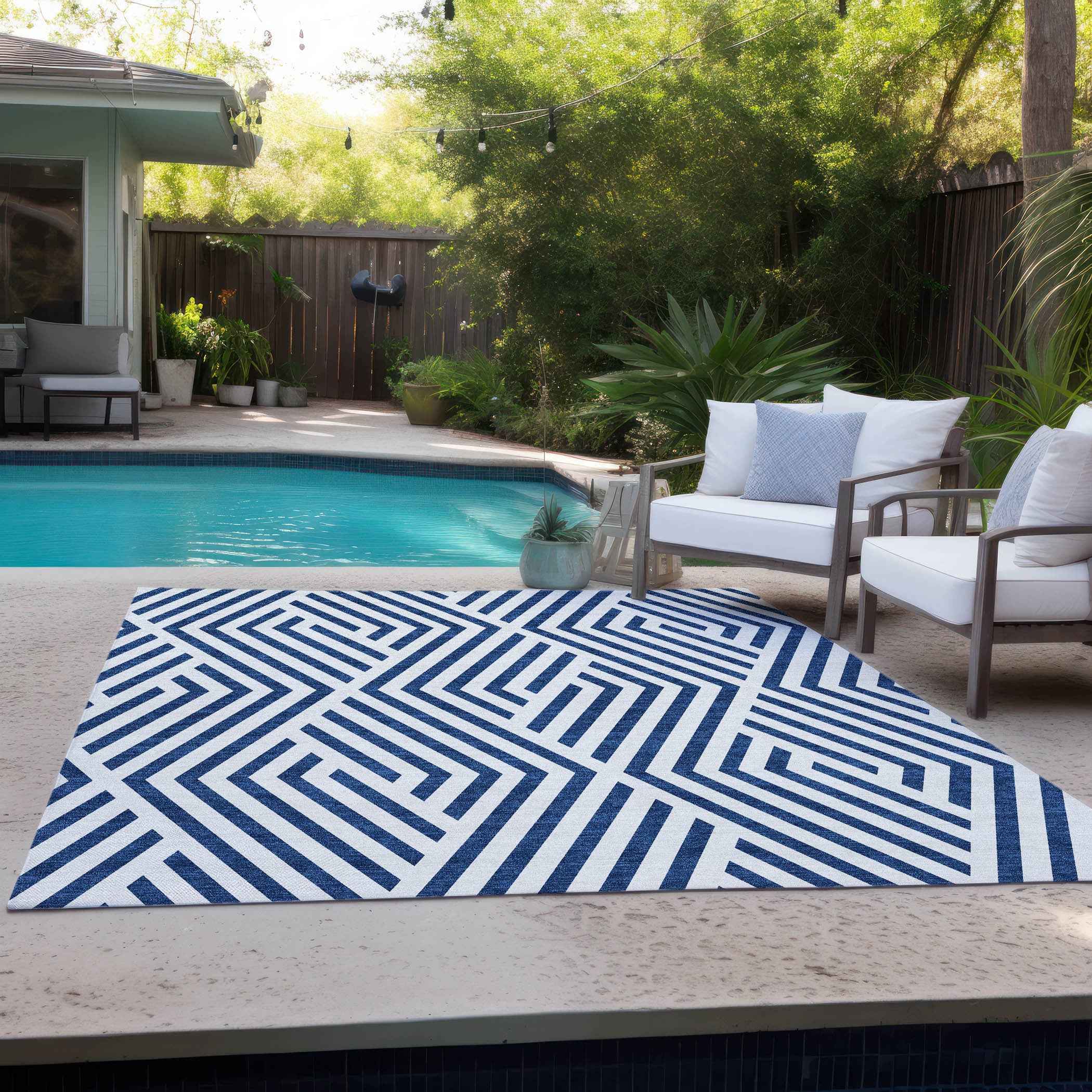 8' X 10' Navy and White Geometric Washable Non Skid Indoor Outdoor Area Rug