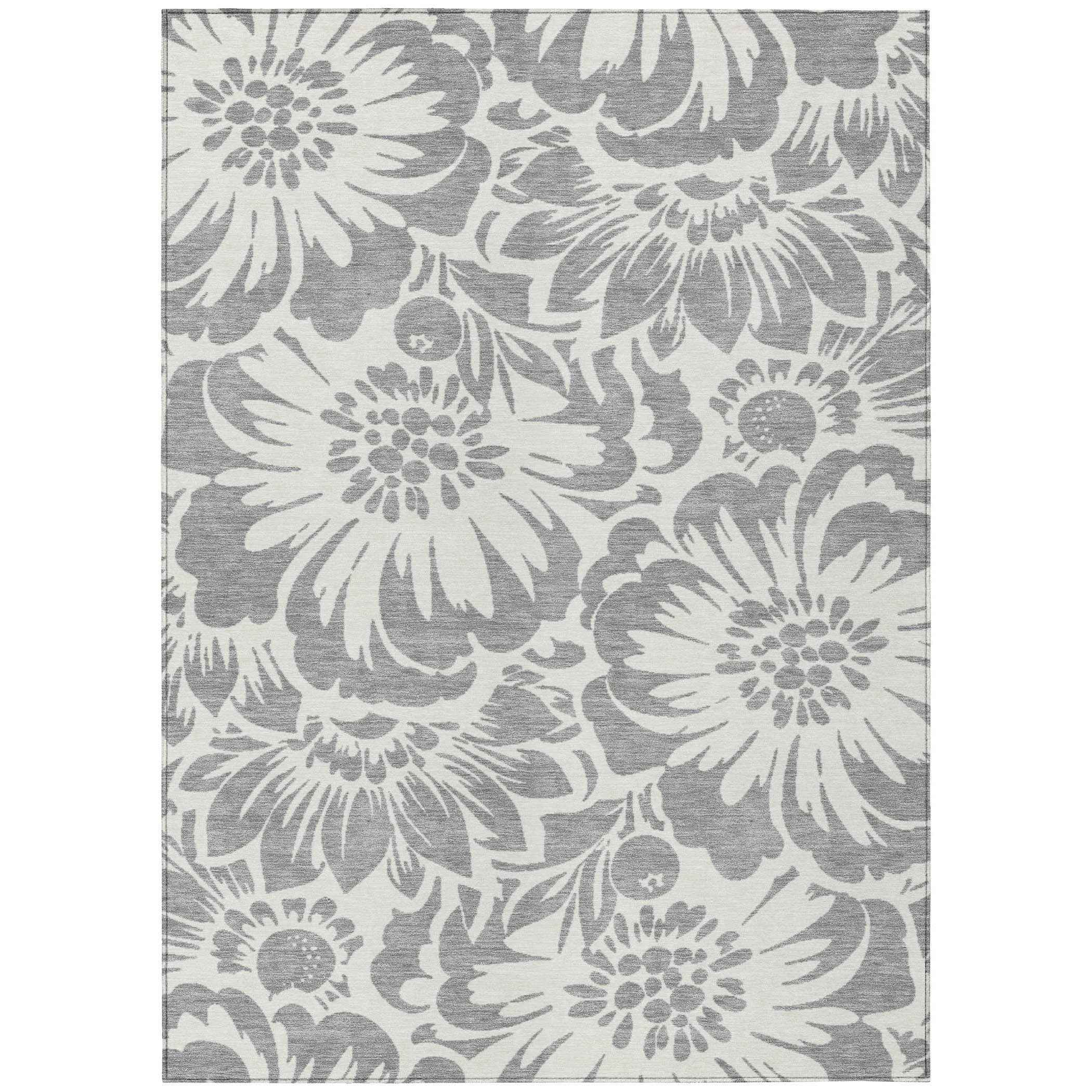 3' X 5' Gray and Ivory Floral Washable Non Skid Indoor Outdoor Area Rug