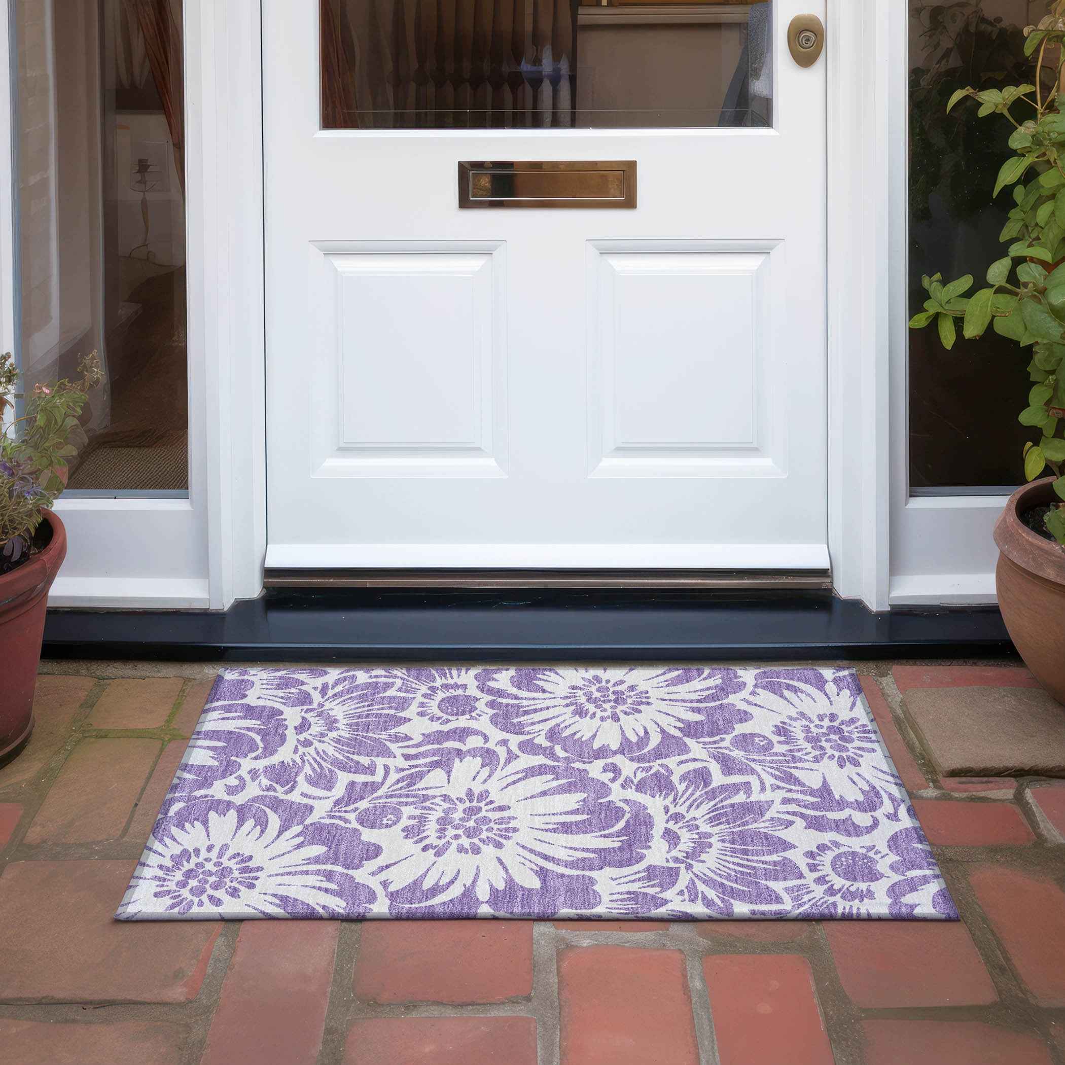 2' X 3' Purple and Ivory Floral Washable Non Skid Indoor Outdoor Area Rug