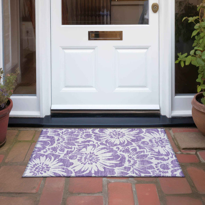 2' X 3' Purple and Ivory Floral Washable Non Skid Indoor Outdoor Area Rug