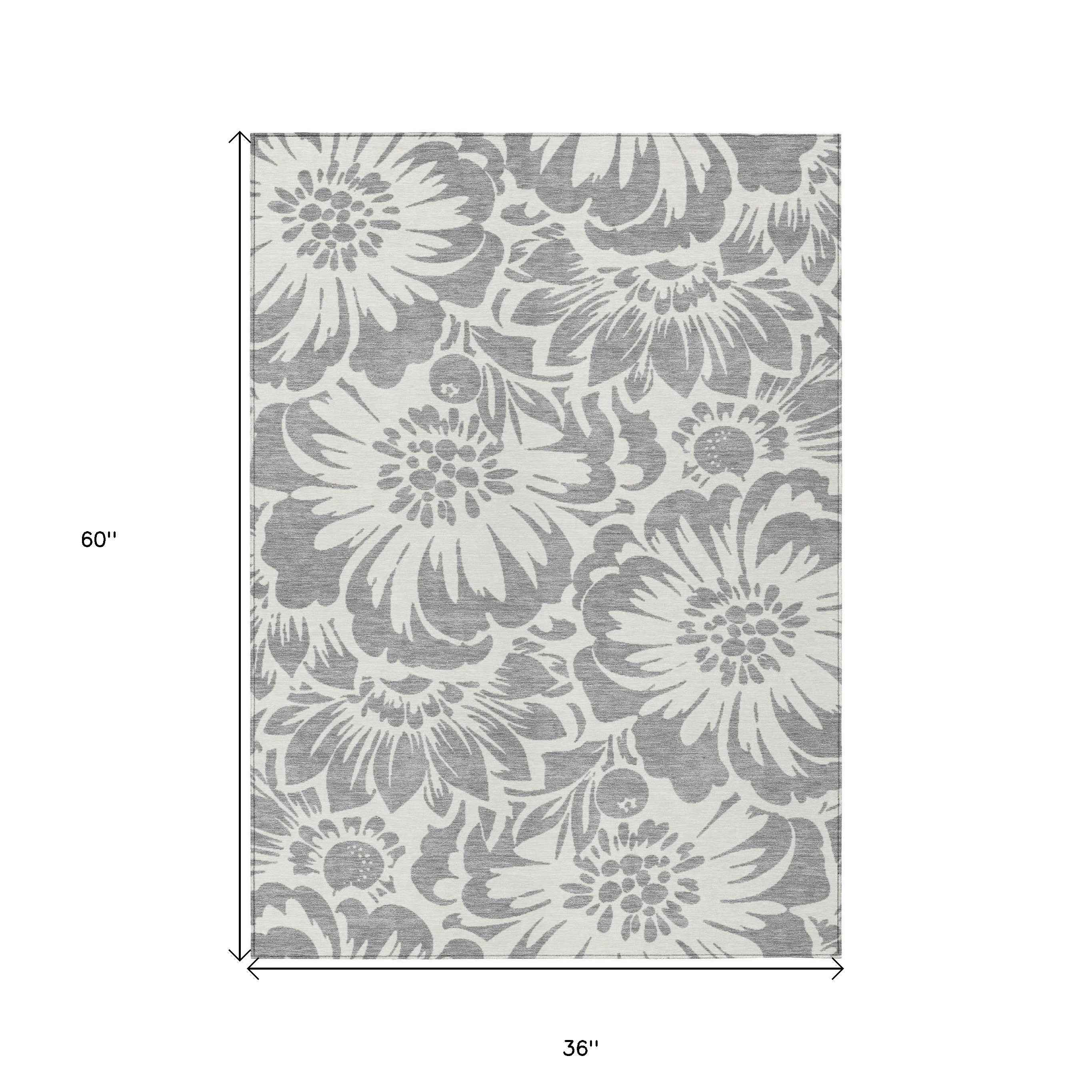 3' X 5' Gray and Ivory Floral Washable Non Skid Indoor Outdoor Area Rug
