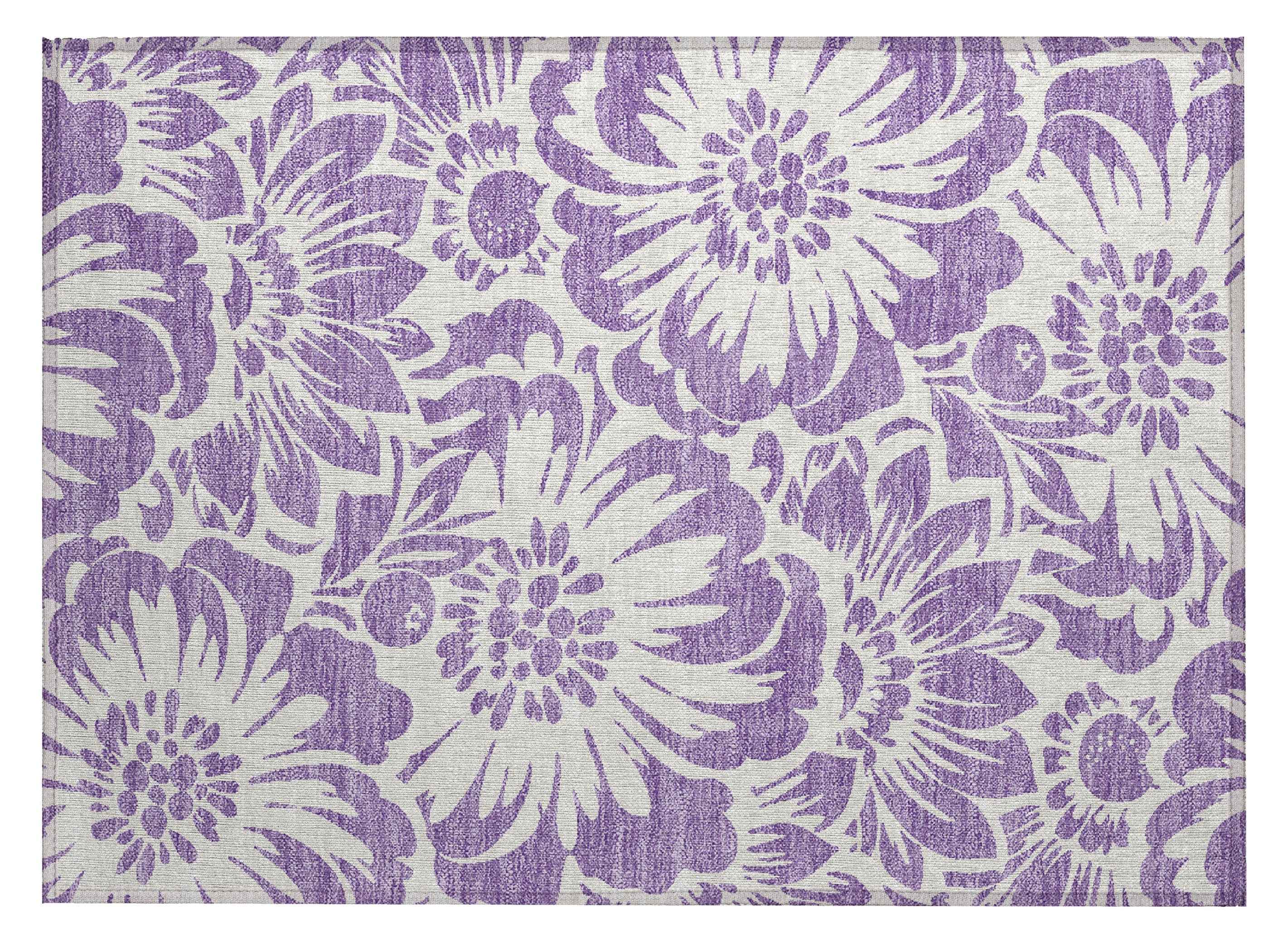 2' X 3' Purple and Ivory Floral Washable Non Skid Indoor Outdoor Area Rug