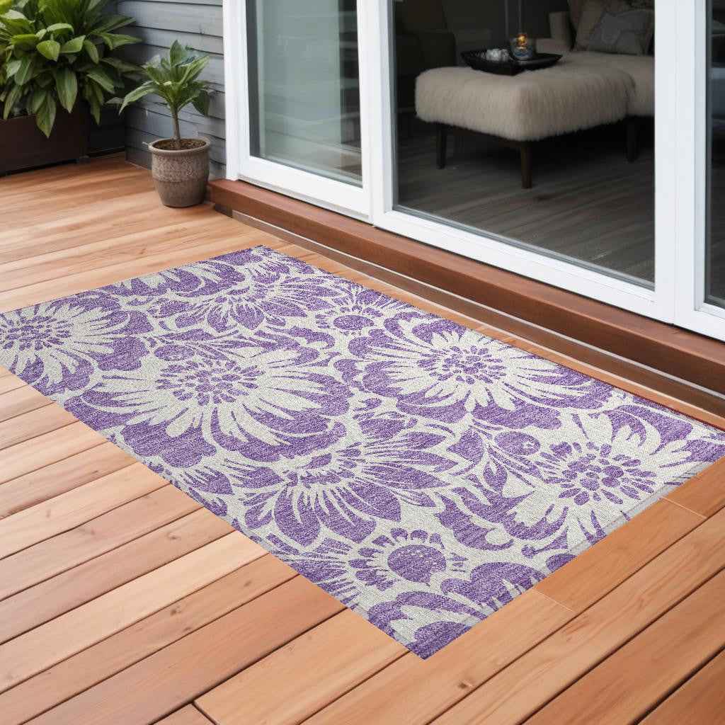 2' X 3' Purple and Ivory Floral Washable Non Skid Indoor Outdoor Area Rug