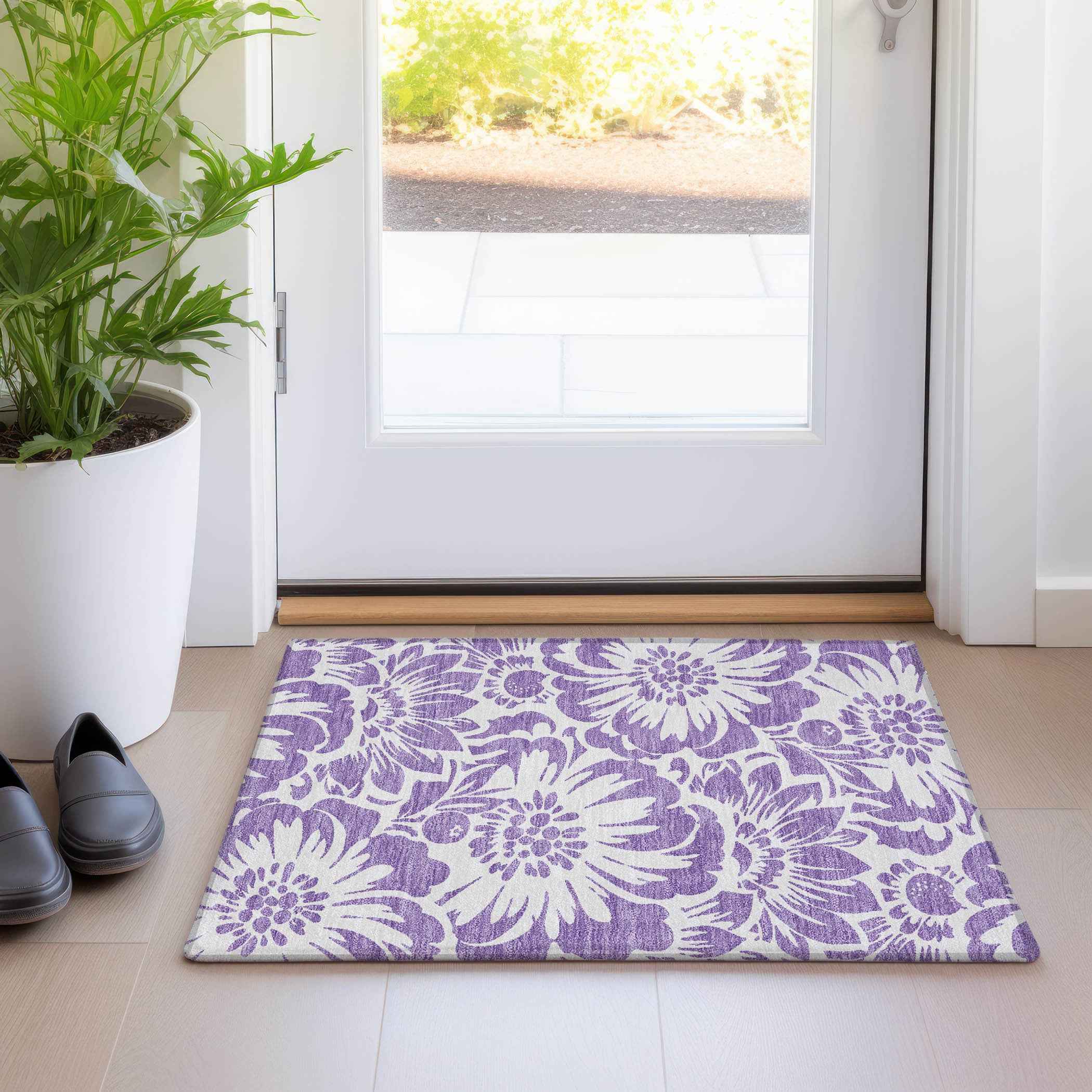 2' X 3' Purple and Ivory Floral Washable Non Skid Indoor Outdoor Area Rug