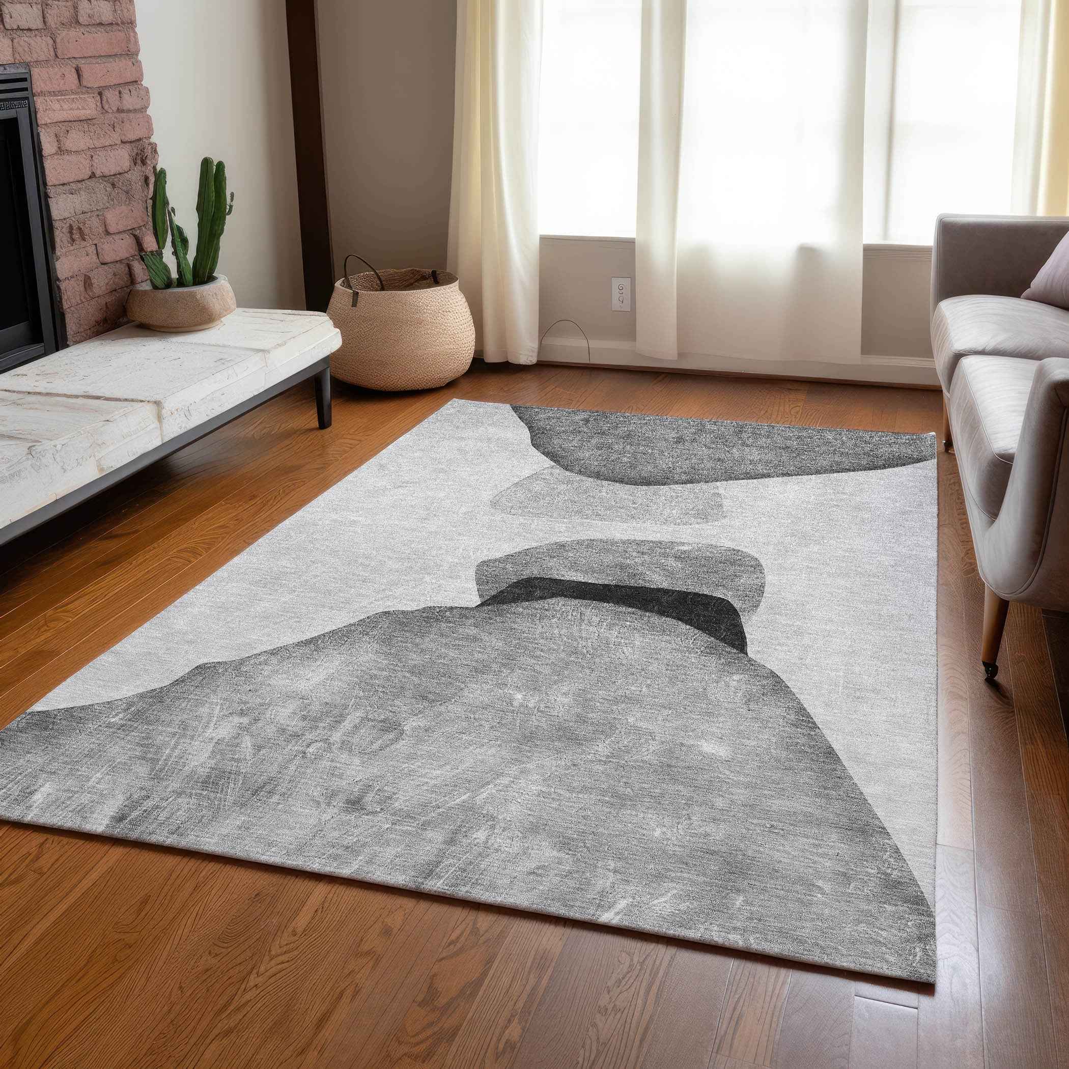 9' X 12' Gray And Black Abstract Washable Indoor Outdoor Area Rug