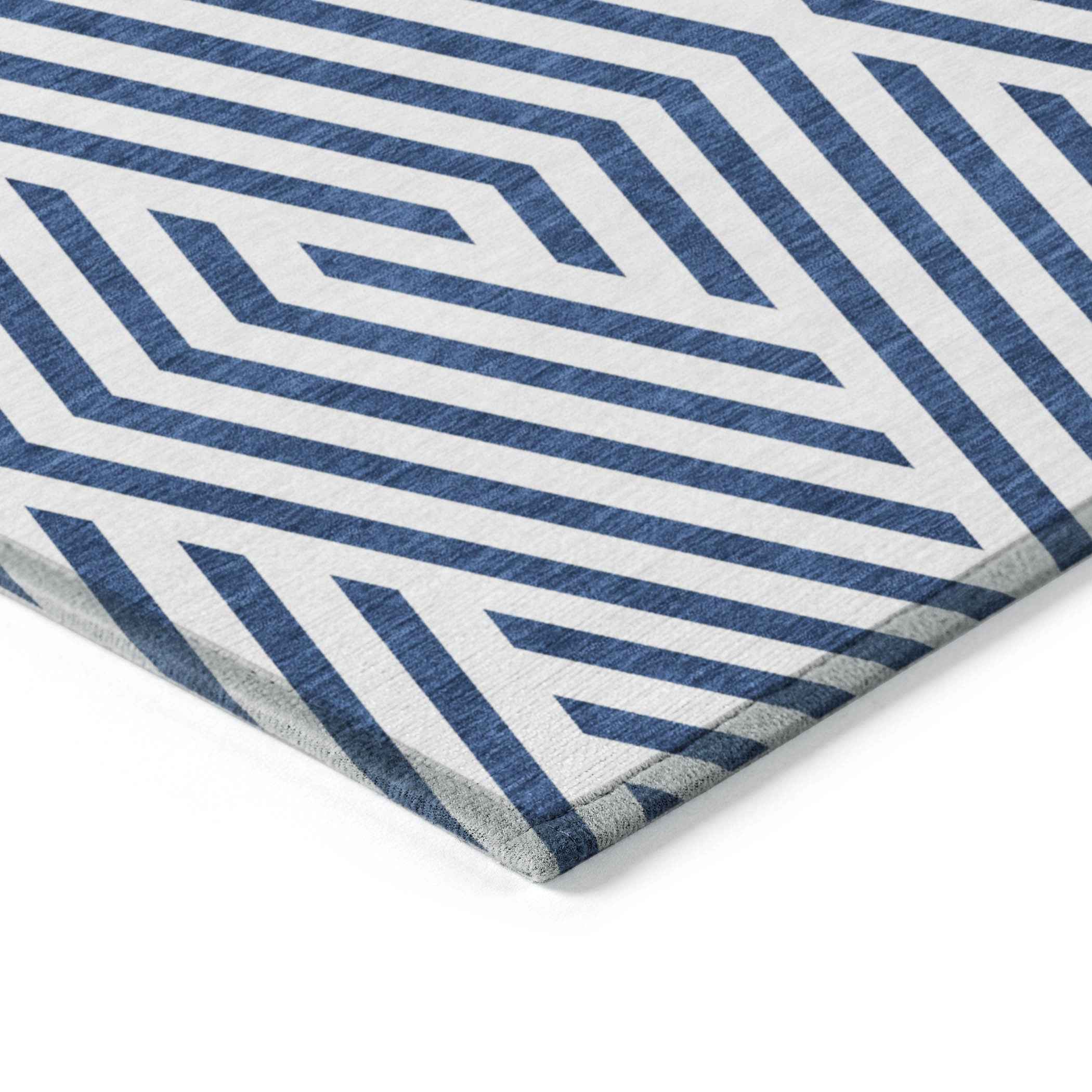 3' X 5' Navy and White Geometric Washable Non Skid Indoor Outdoor Area Rug