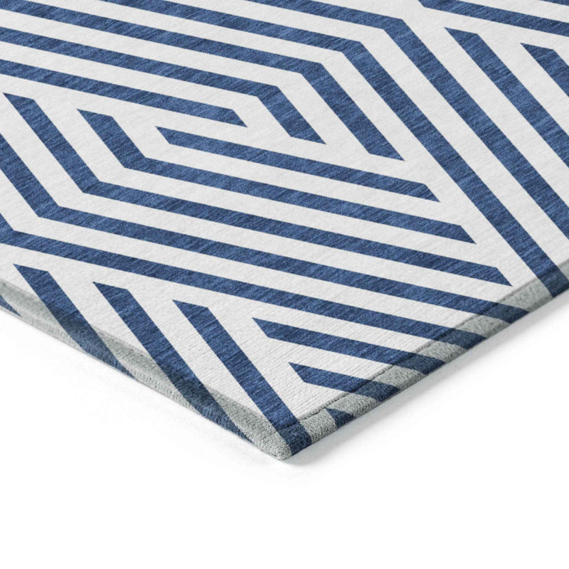 3' X 5' Navy and White Geometric Washable Non Skid Indoor Outdoor Area Rug