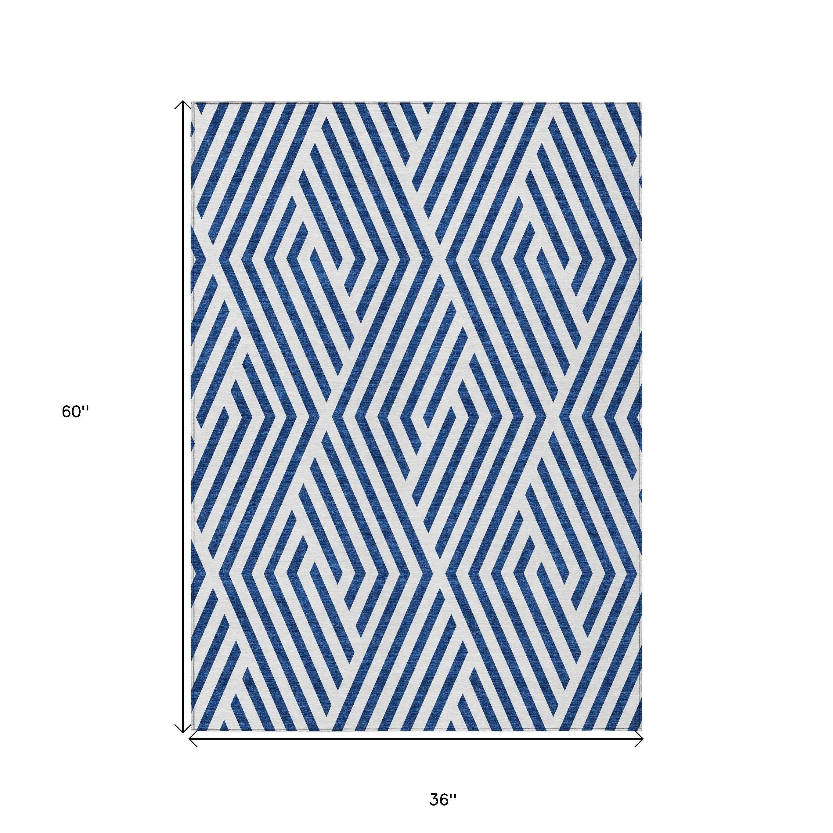 3' X 5' Navy and White Geometric Washable Non Skid Indoor Outdoor Area Rug