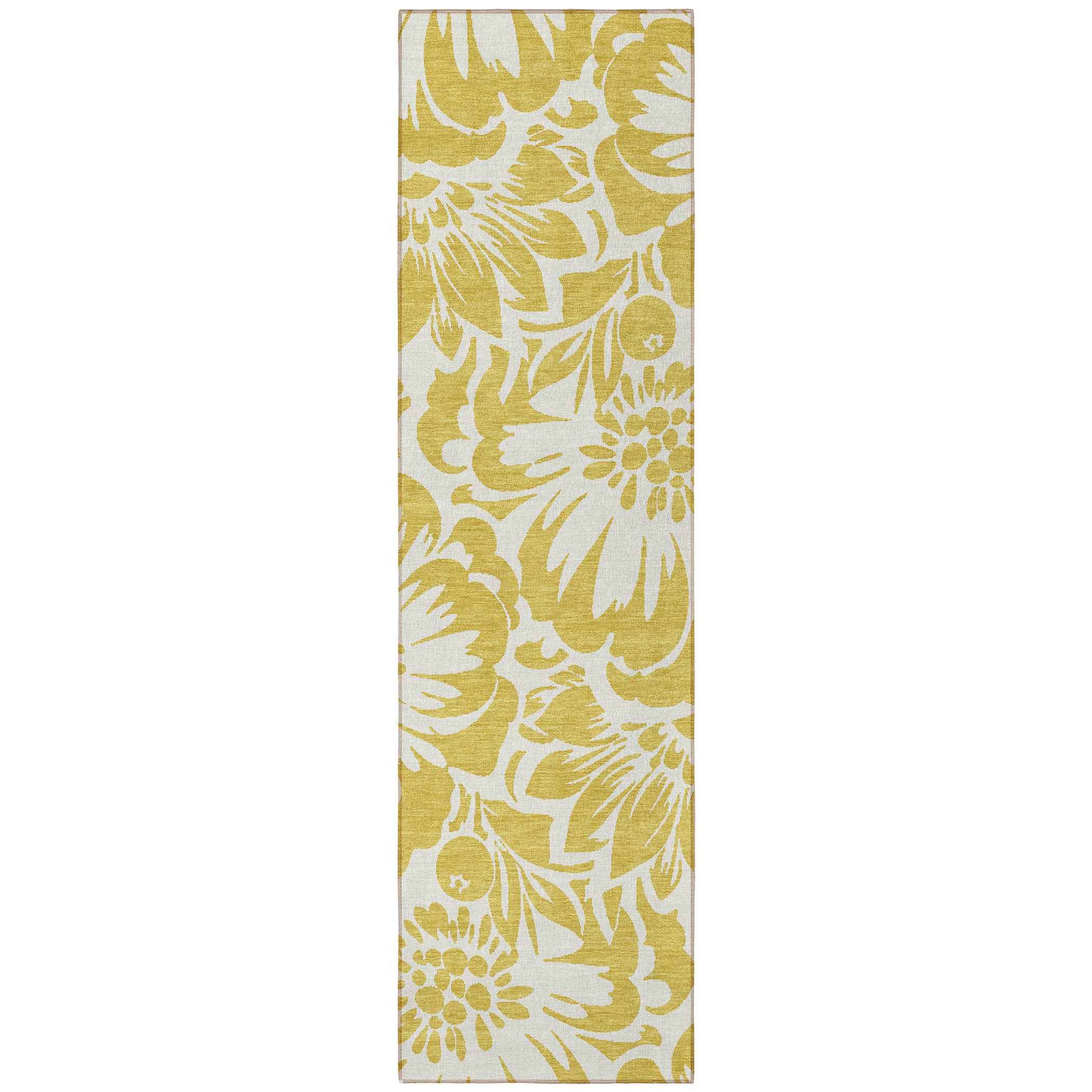 8' Runner Gold and White Floral Washable Non Skid Indoor Outdoor Runner Rug