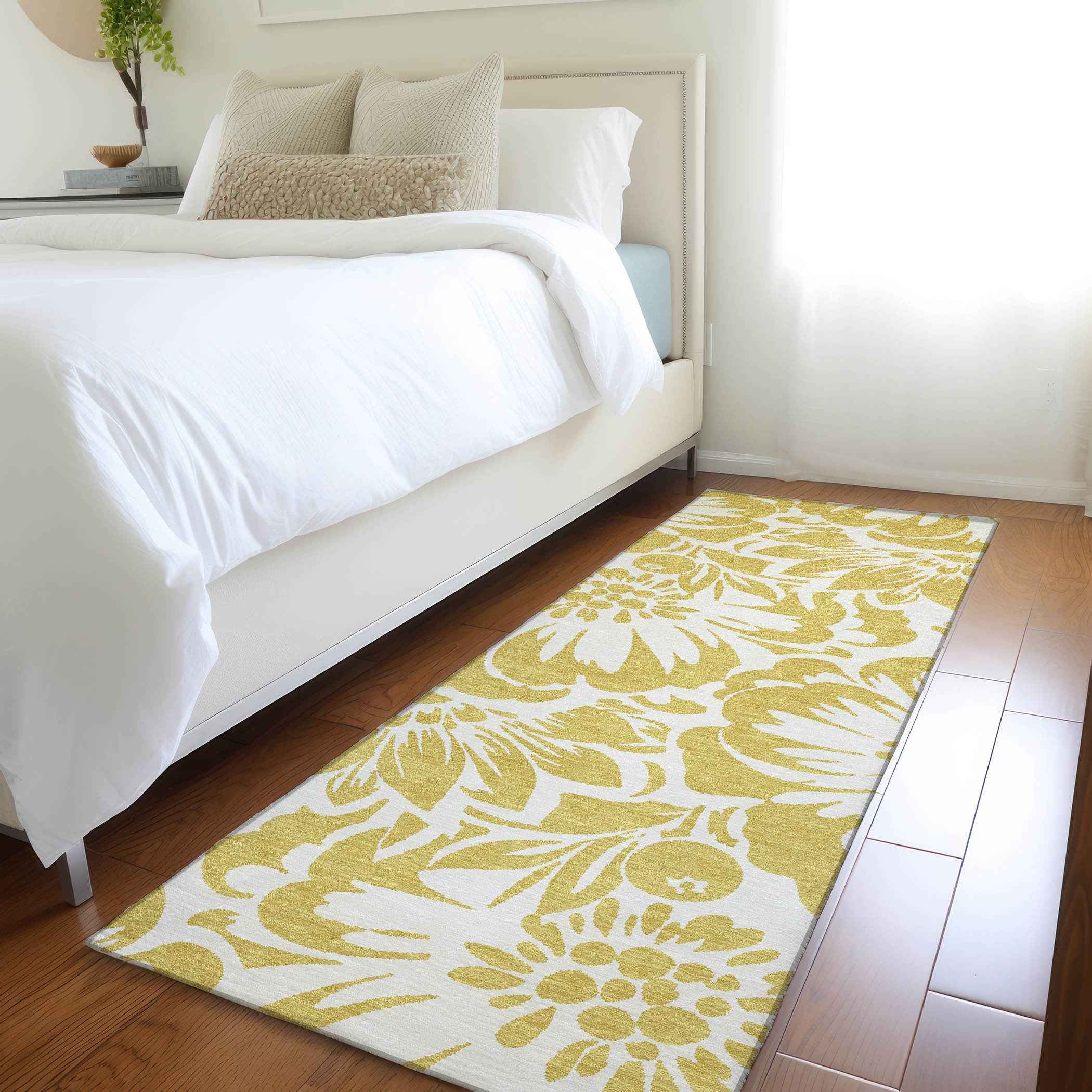 8' Runner Gold and White Floral Washable Non Skid Indoor Outdoor Runner Rug