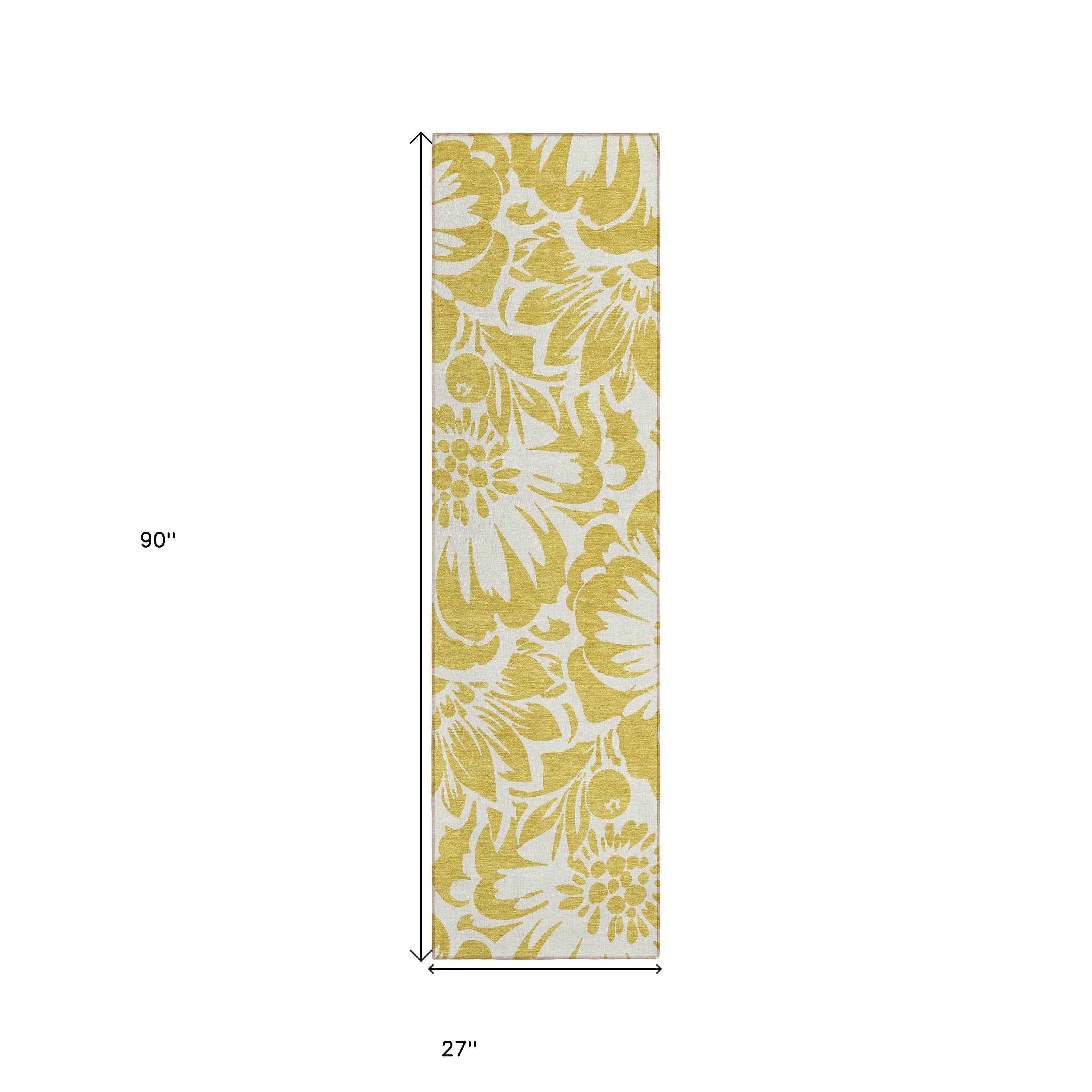 8' Runner Gold and White Floral Washable Non Skid Indoor Outdoor Runner Rug