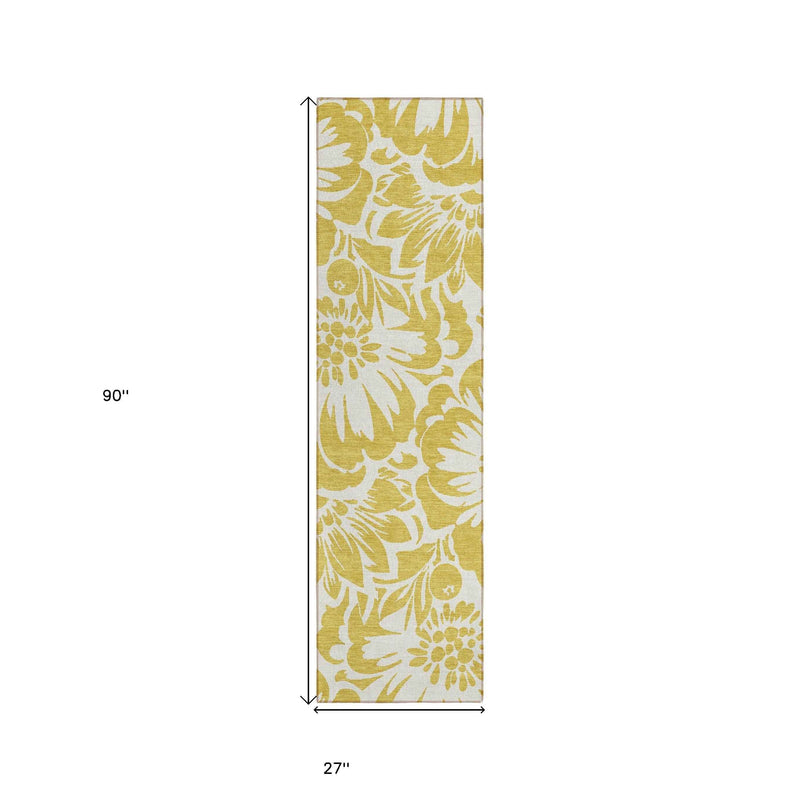 8' Runner Gold and White Floral Washable Non Skid Indoor Outdoor Runner Rug