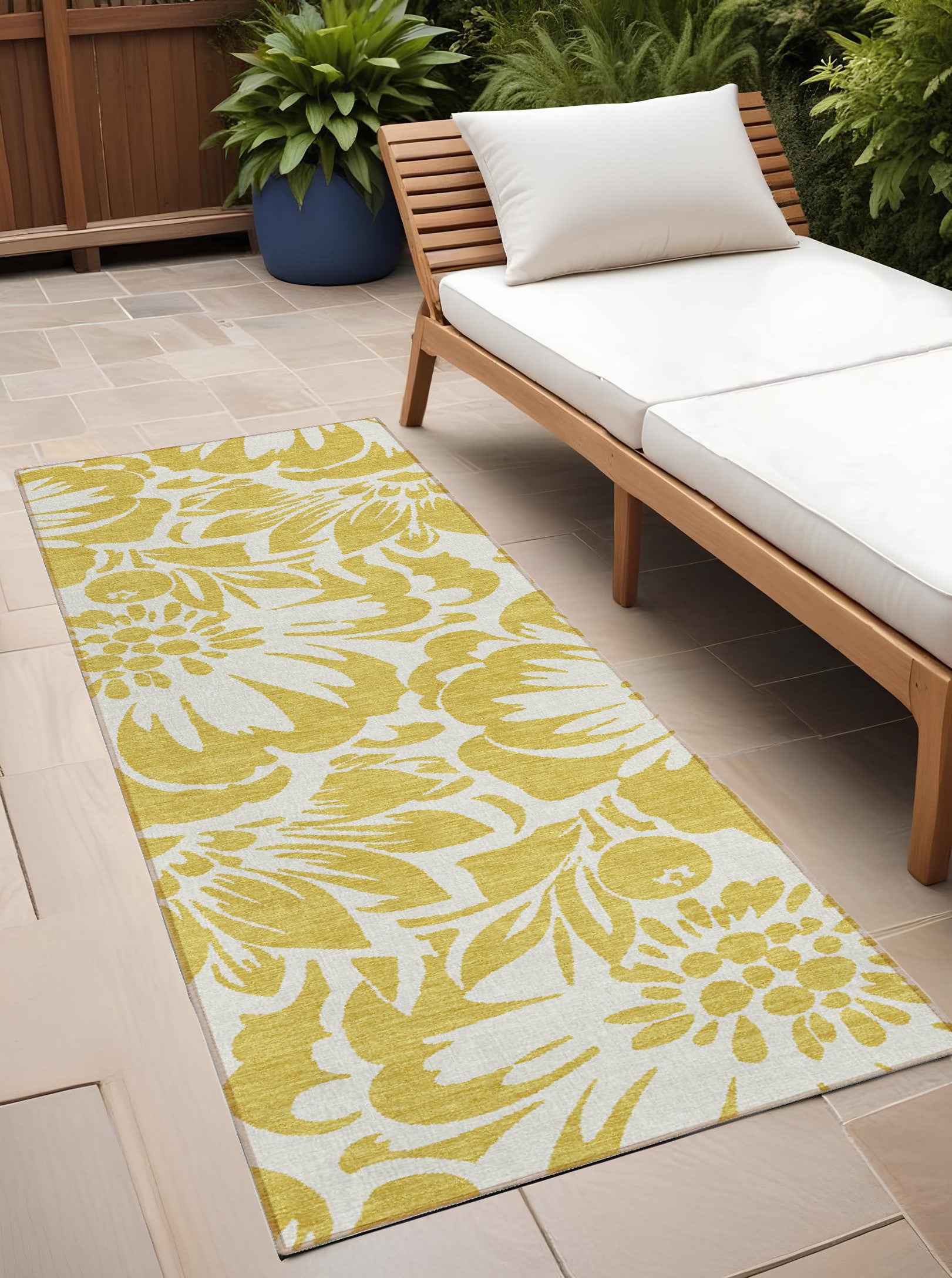8' Runner Gold and White Floral Washable Non Skid Indoor Outdoor Runner Rug