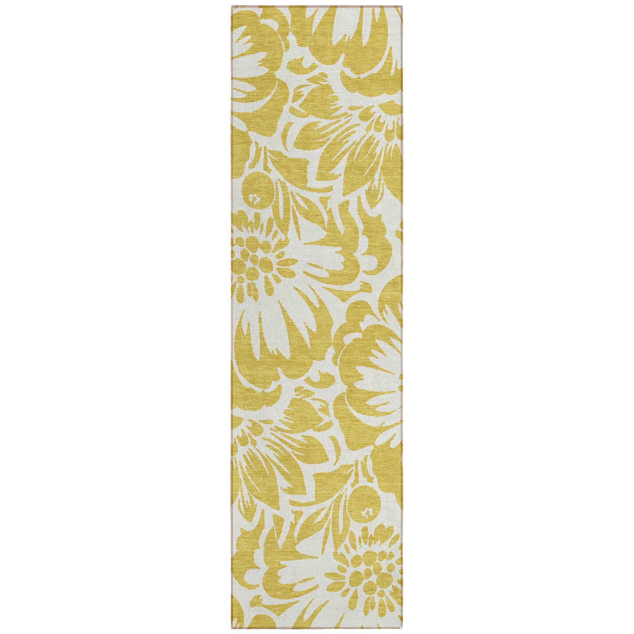 8' Runner Gold and White Floral Washable Non Skid Indoor Outdoor Runner Rug