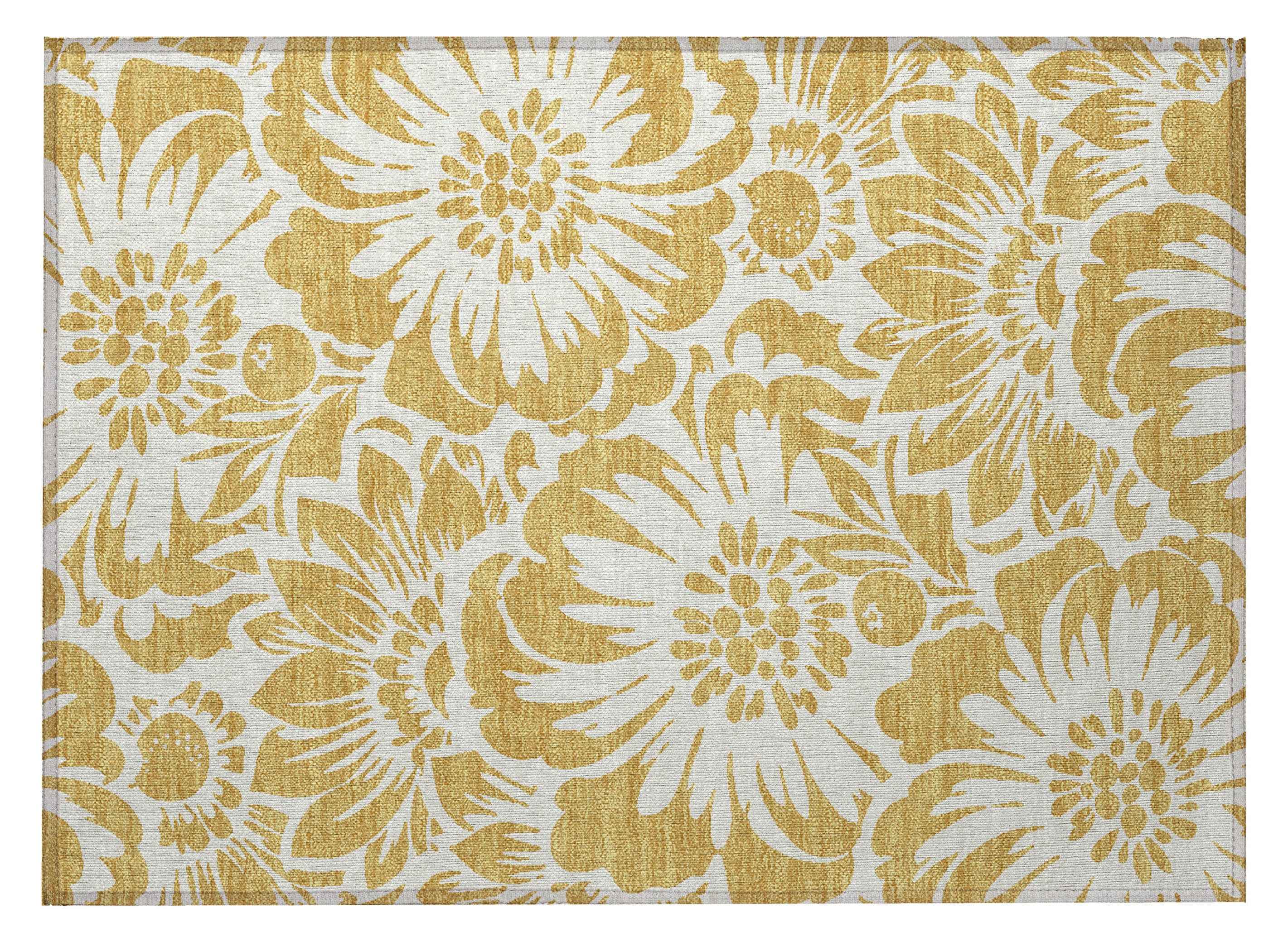 2' X 3' Gold and White Floral Washable Non Skid Indoor Outdoor Area Rug