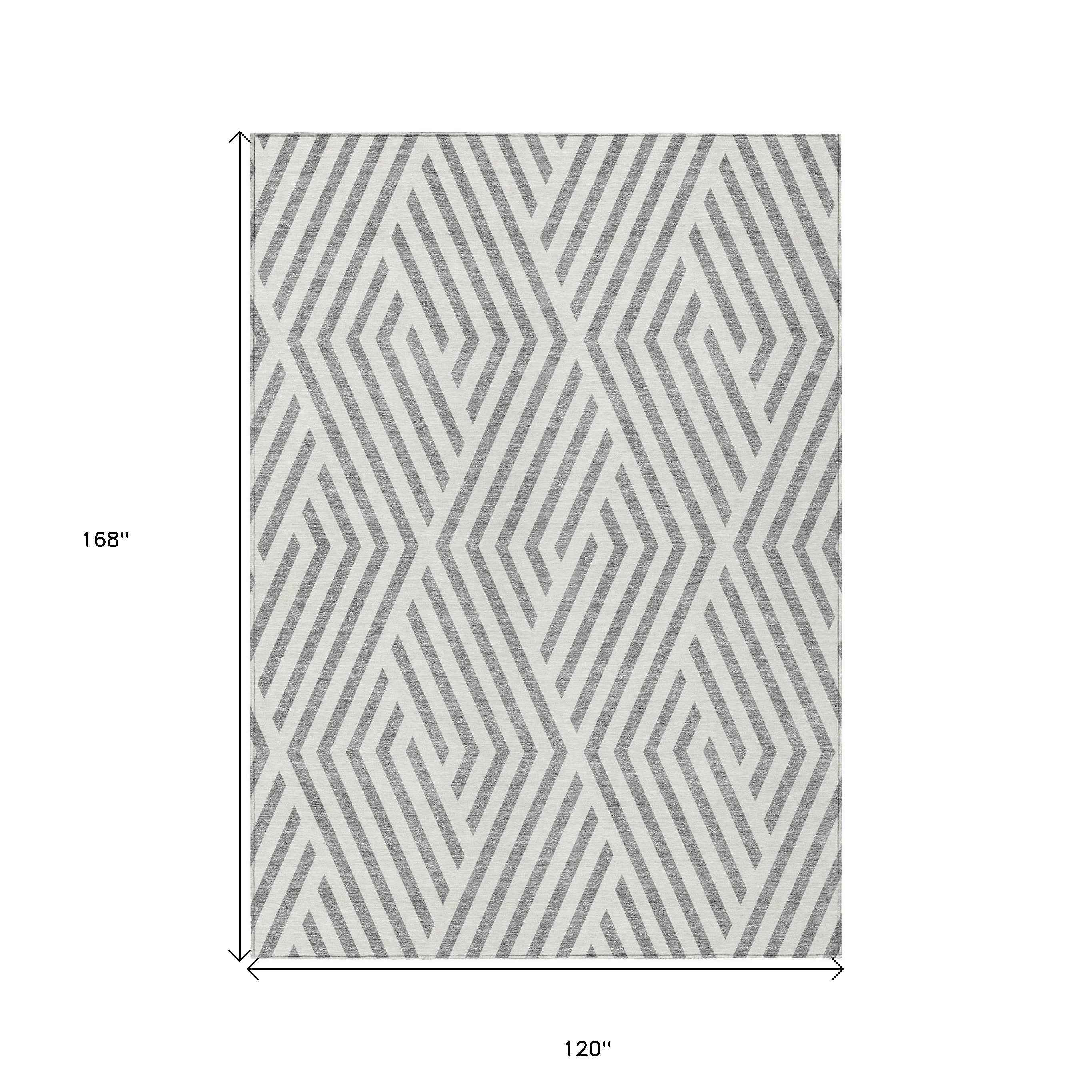 10' X 14' Gray And Ivory Geometric Washable Indoor Outdoor Area Rug