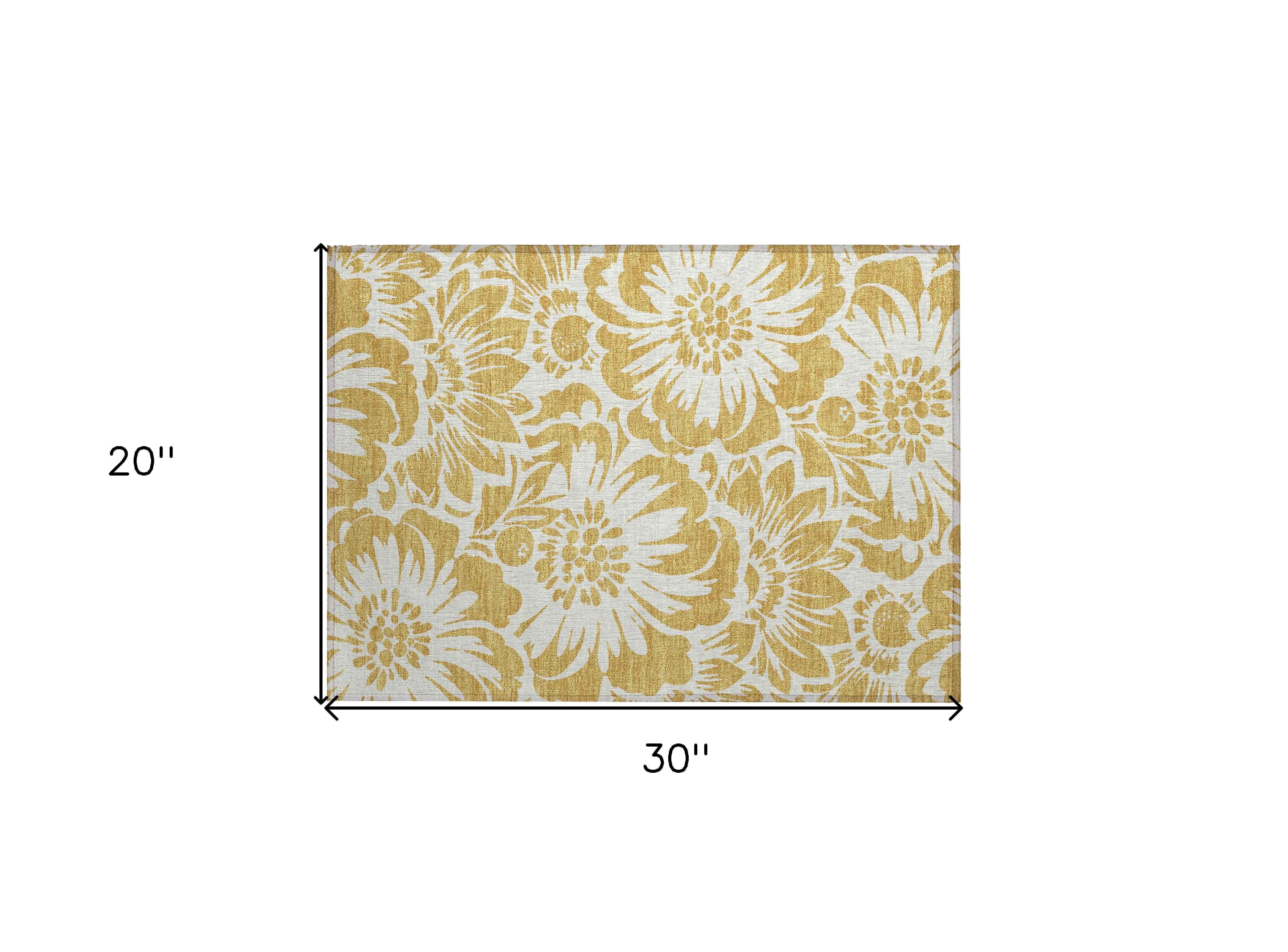 2' X 3' Gold and White Floral Washable Non Skid Indoor Outdoor Area Rug