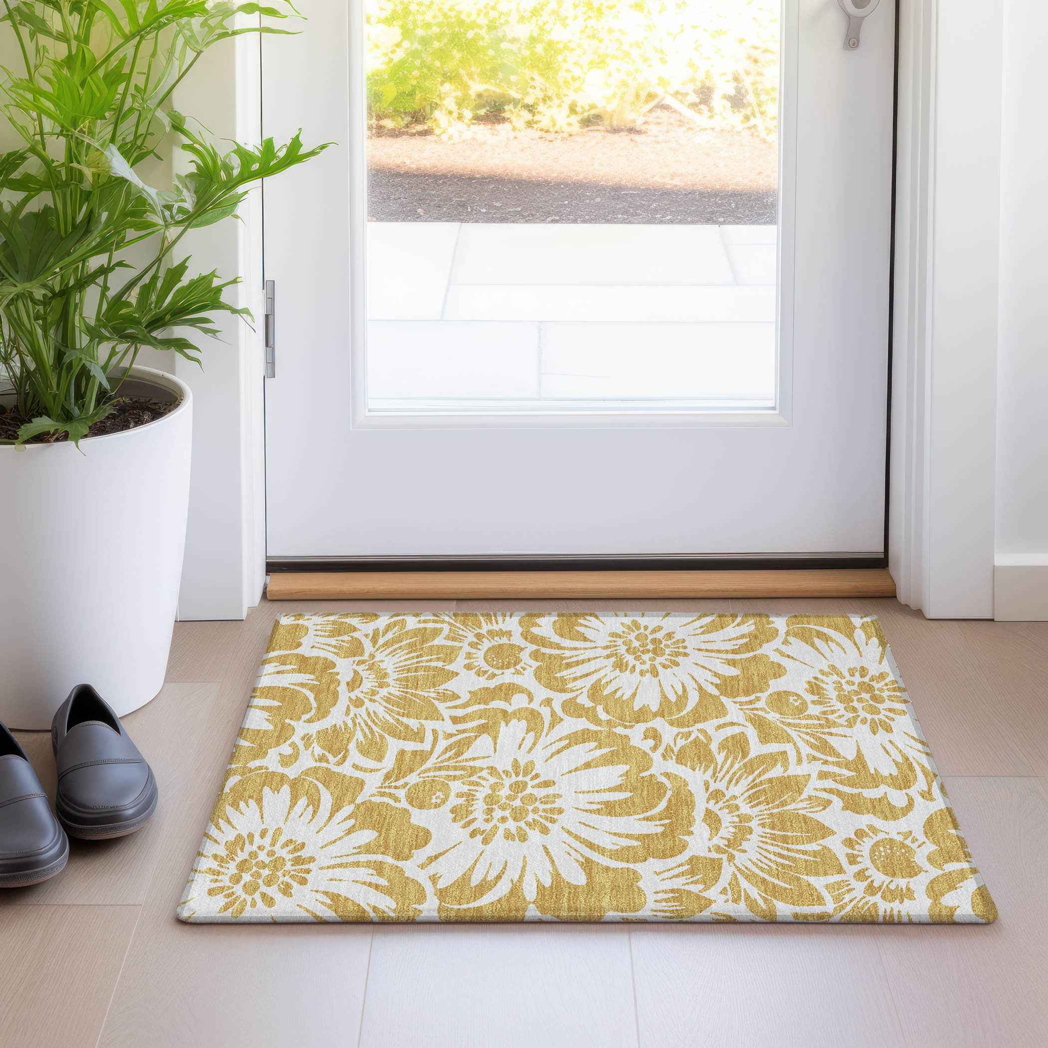 2' X 3' Gold and White Floral Washable Non Skid Indoor Outdoor Area Rug