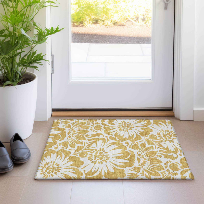 2' X 3' Gold and White Floral Washable Non Skid Indoor Outdoor Area Rug
