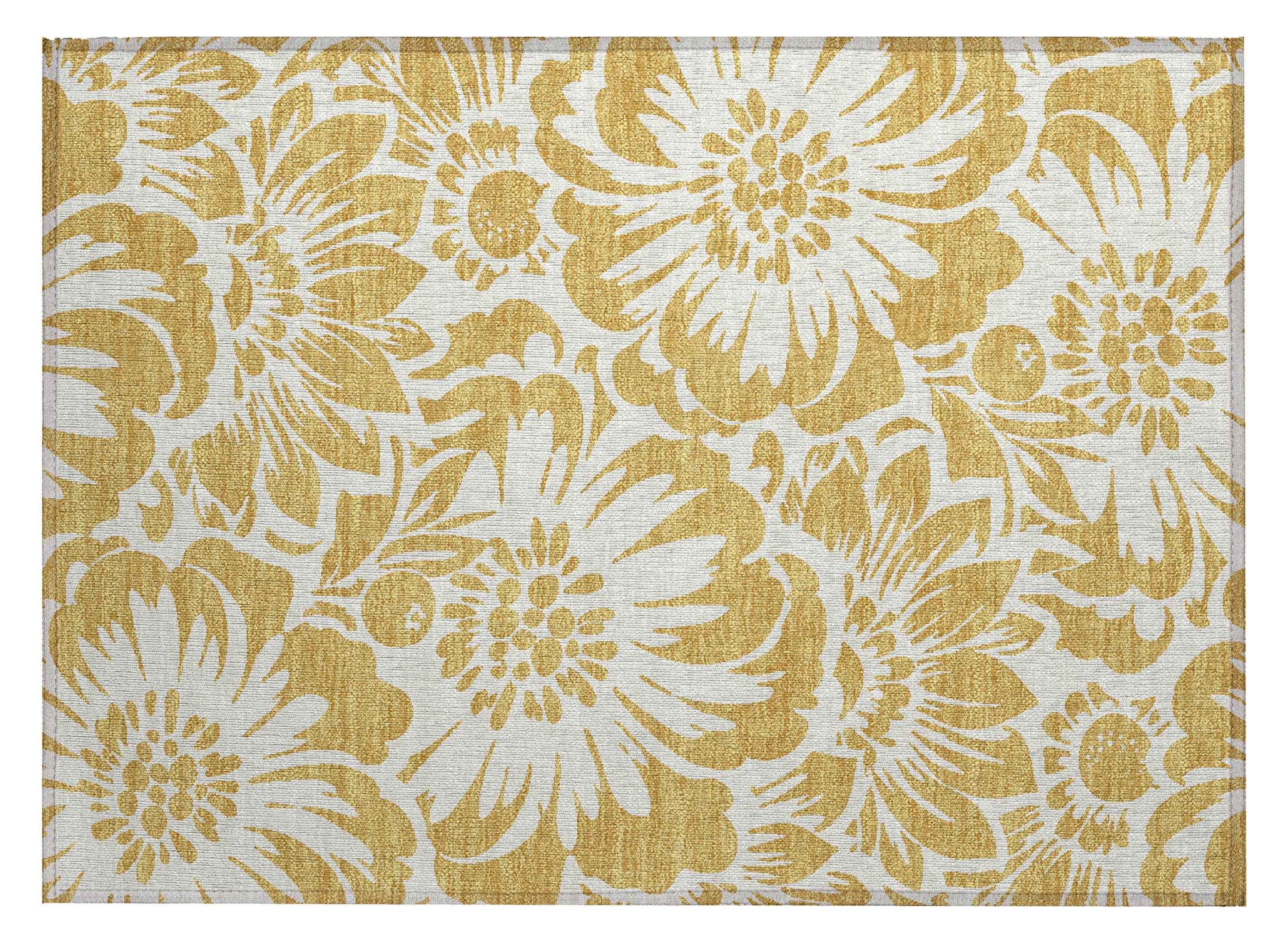 2' X 3' Gold and White Floral Washable Non Skid Indoor Outdoor Area Rug