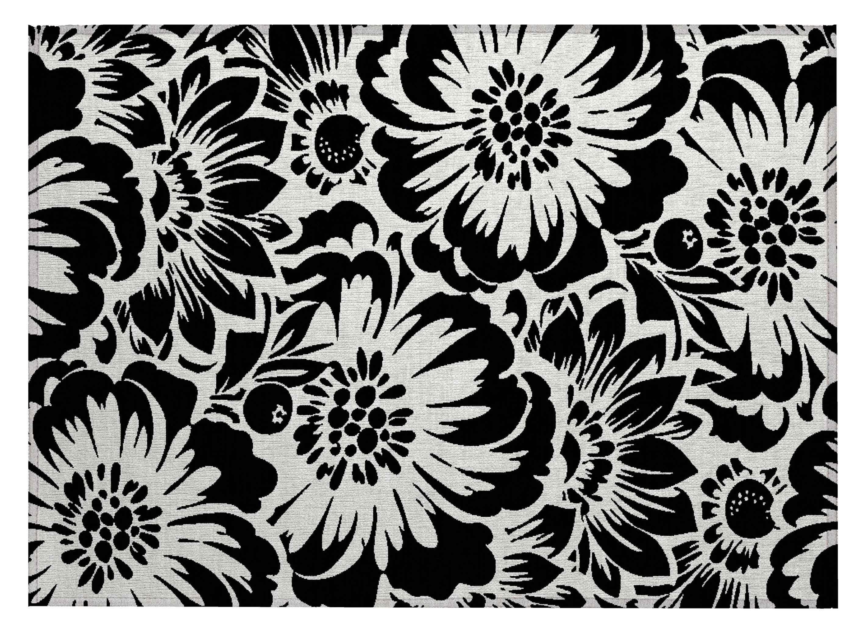 2' X 3' Black and Ivory Floral Washable Non Skid Indoor Outdoor Area Rug