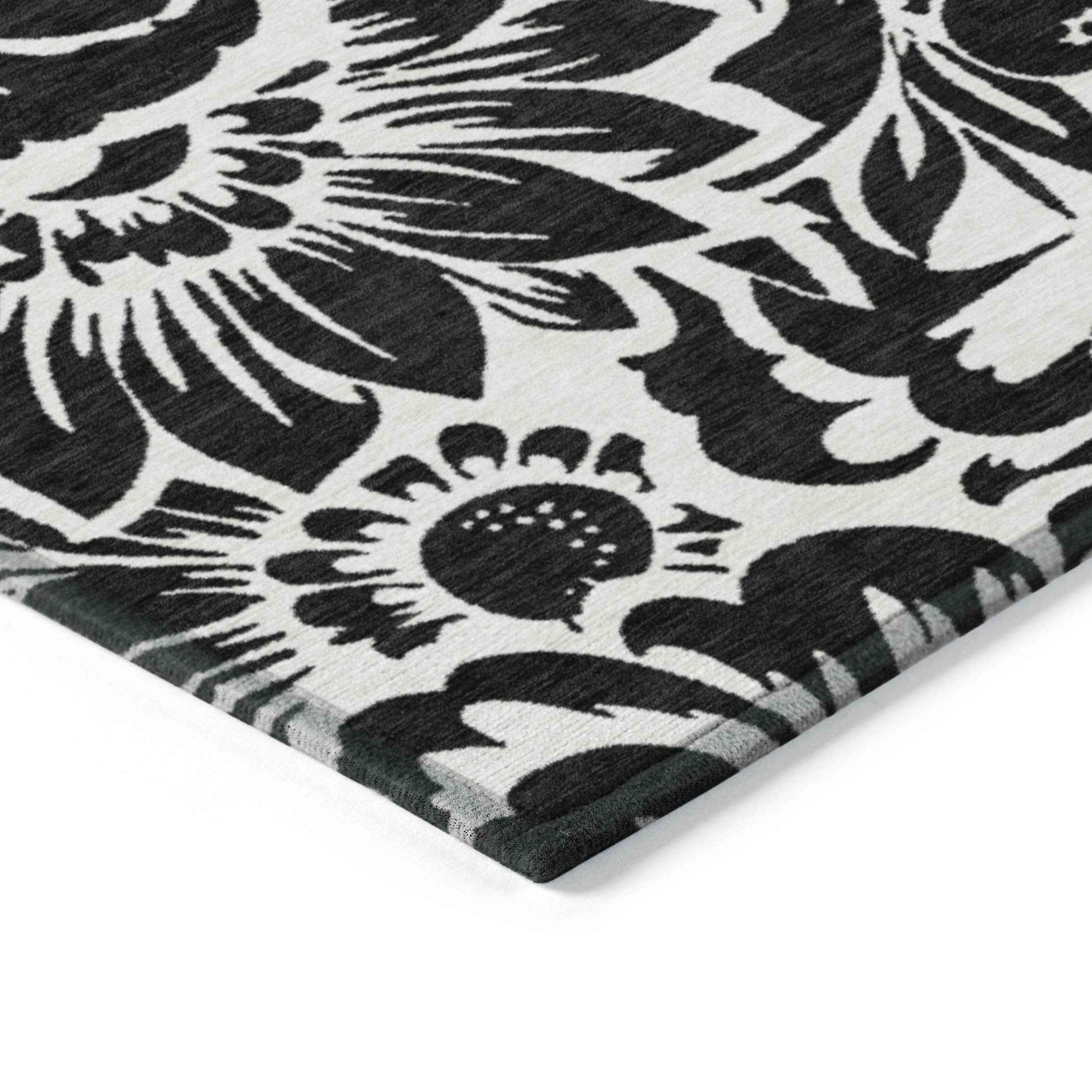 2' X 3' Black and Ivory Floral Washable Non Skid Indoor Outdoor Area Rug