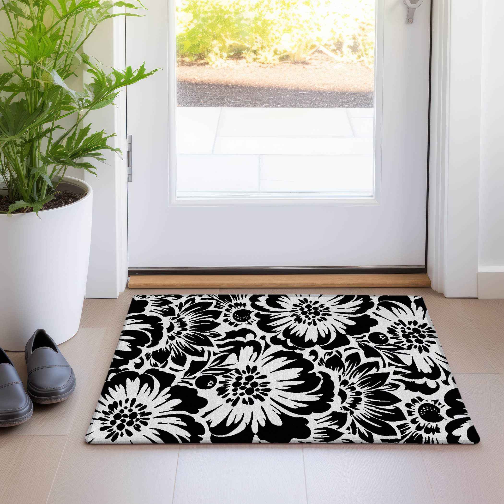 2' X 3' Black and Ivory Floral Washable Non Skid Indoor Outdoor Area Rug
