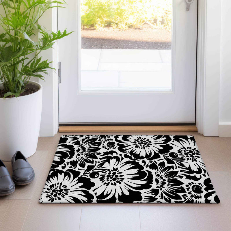 2' X 3' Black and Ivory Floral Washable Non Skid Indoor Outdoor Area Rug