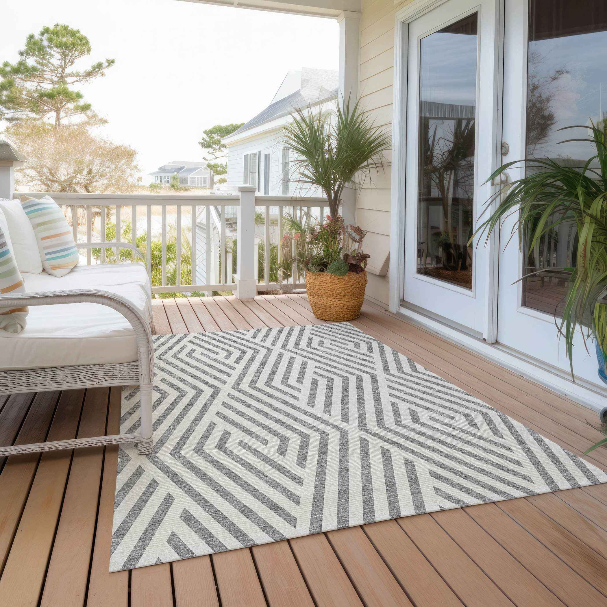 10' X 14' Gray And Ivory Geometric Washable Indoor Outdoor Area Rug