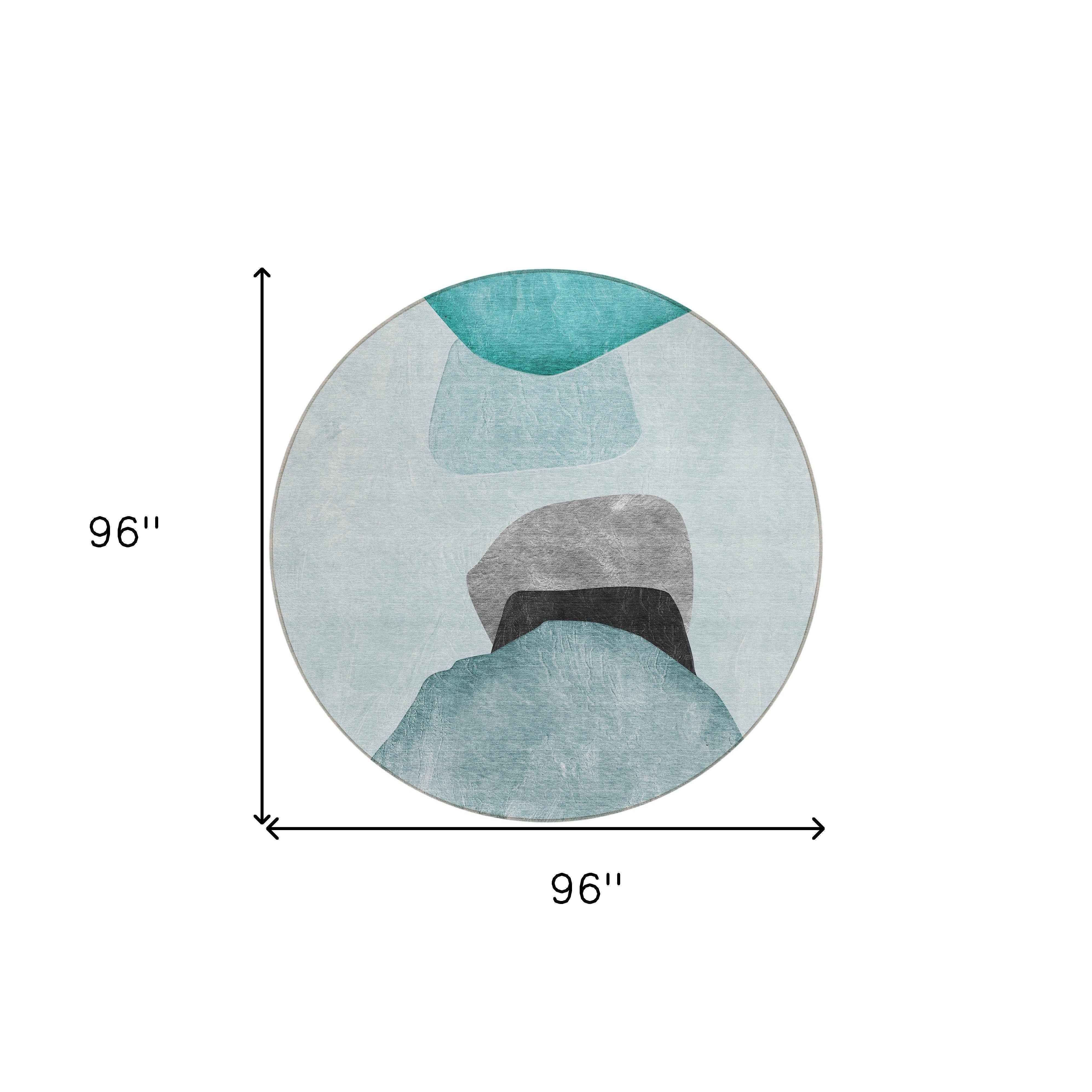 8' Round Ivory Teal and Gray Round Abstract Washable Non Skid Indoor Outdoor Area Rug