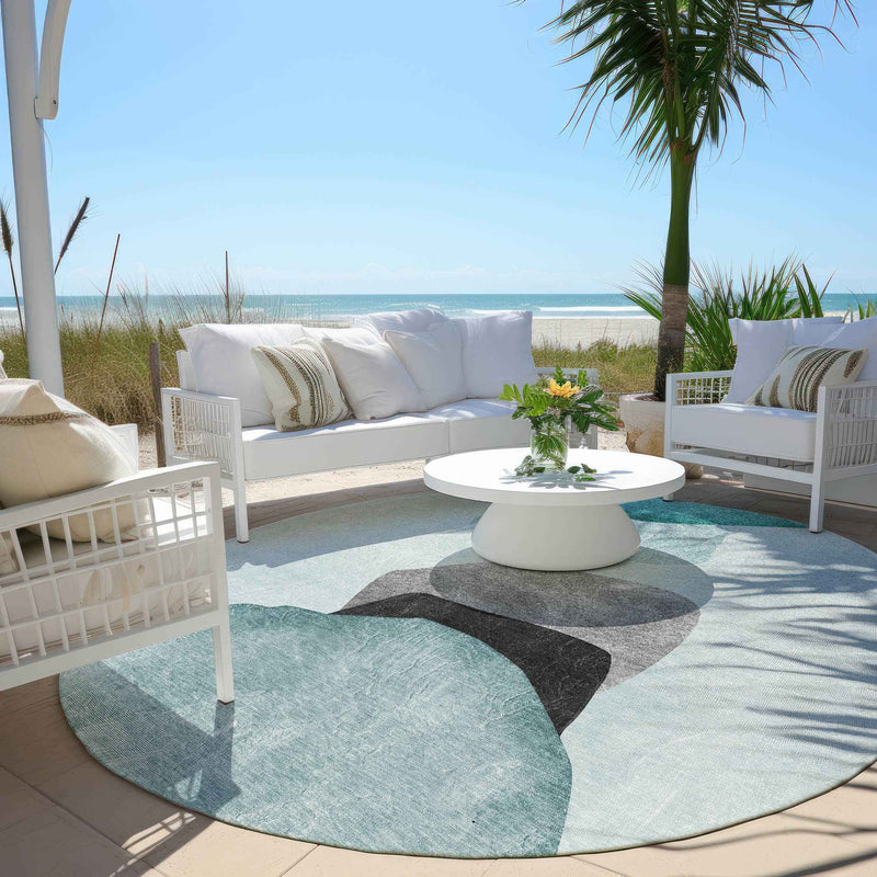 8' Round Ivory Teal and Gray Round Abstract Washable Non Skid Indoor Outdoor Area Rug