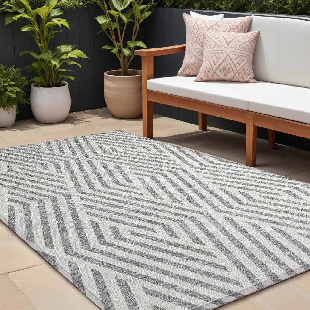 10' X 14' Gray And Ivory Geometric Washable Indoor Outdoor Area Rug