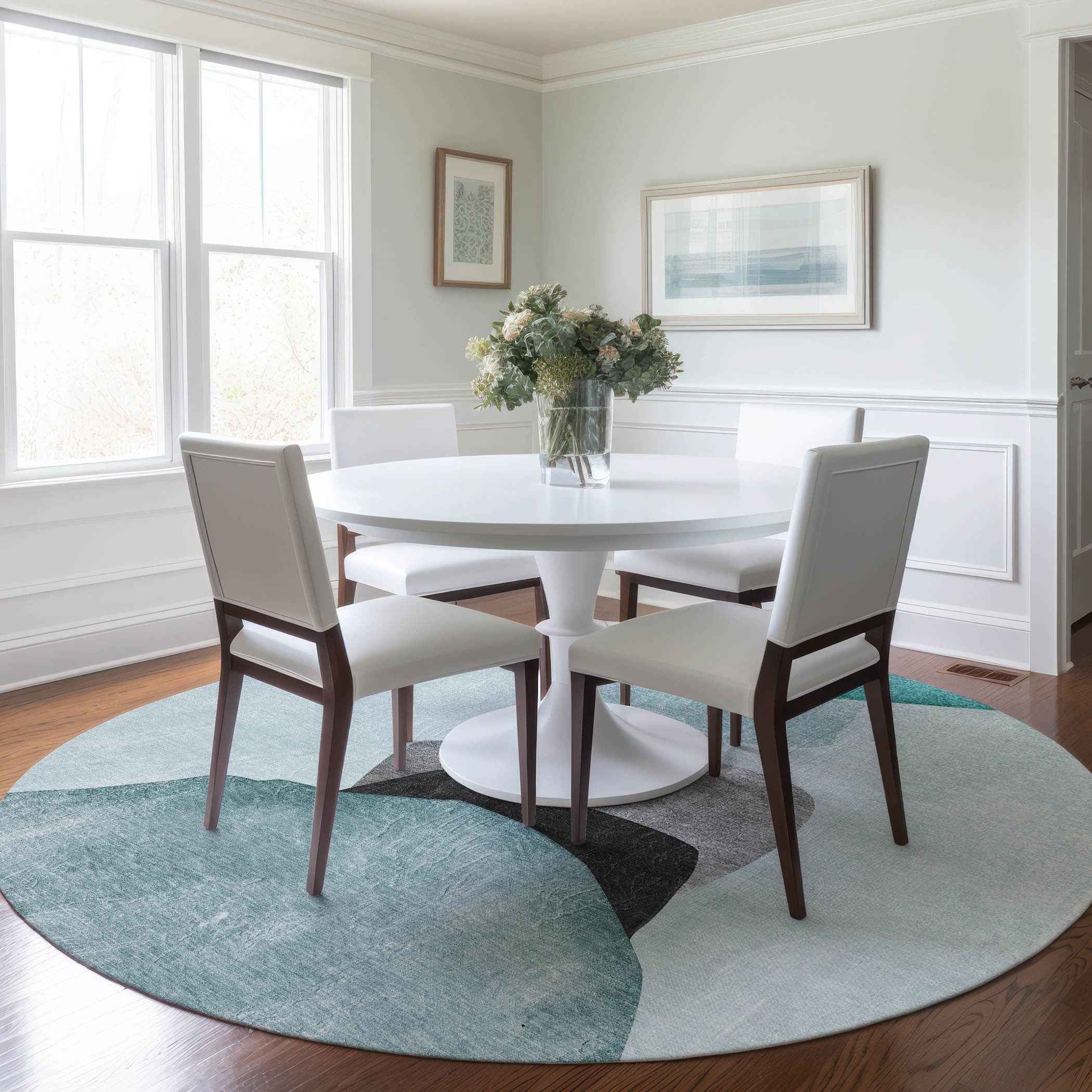 8' Round Ivory Teal and Gray Round Abstract Washable Non Skid Indoor Outdoor Area Rug