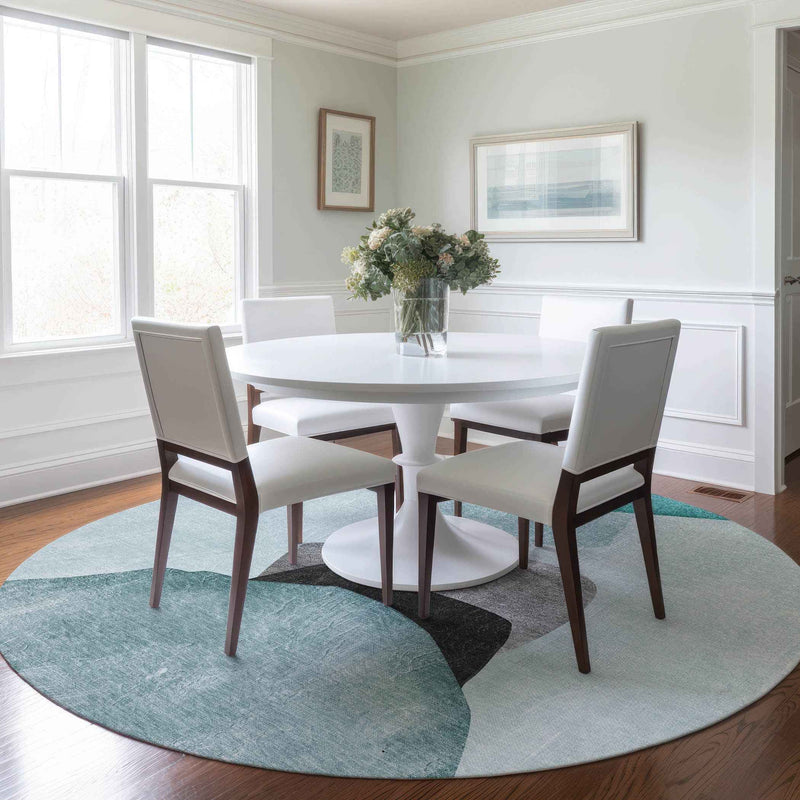 8' Round Ivory Teal and Gray Round Abstract Washable Non Skid Indoor Outdoor Area Rug