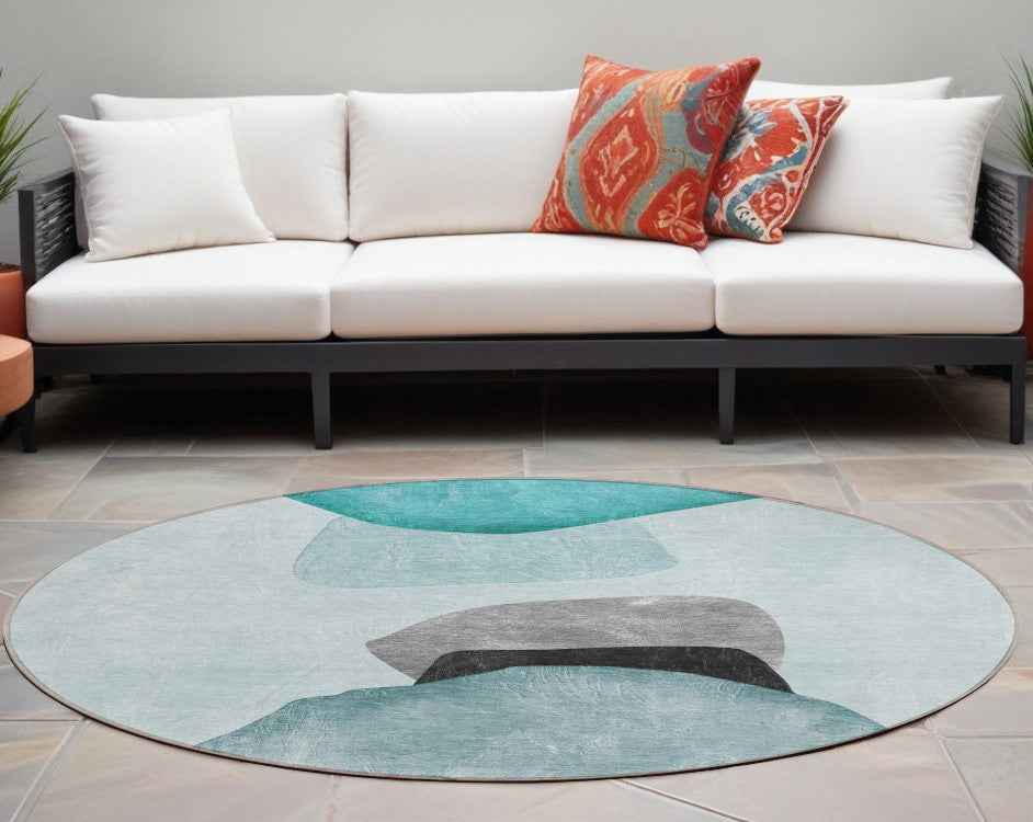 8' Round Ivory Teal and Gray Round Abstract Washable Non Skid Indoor Outdoor Area Rug