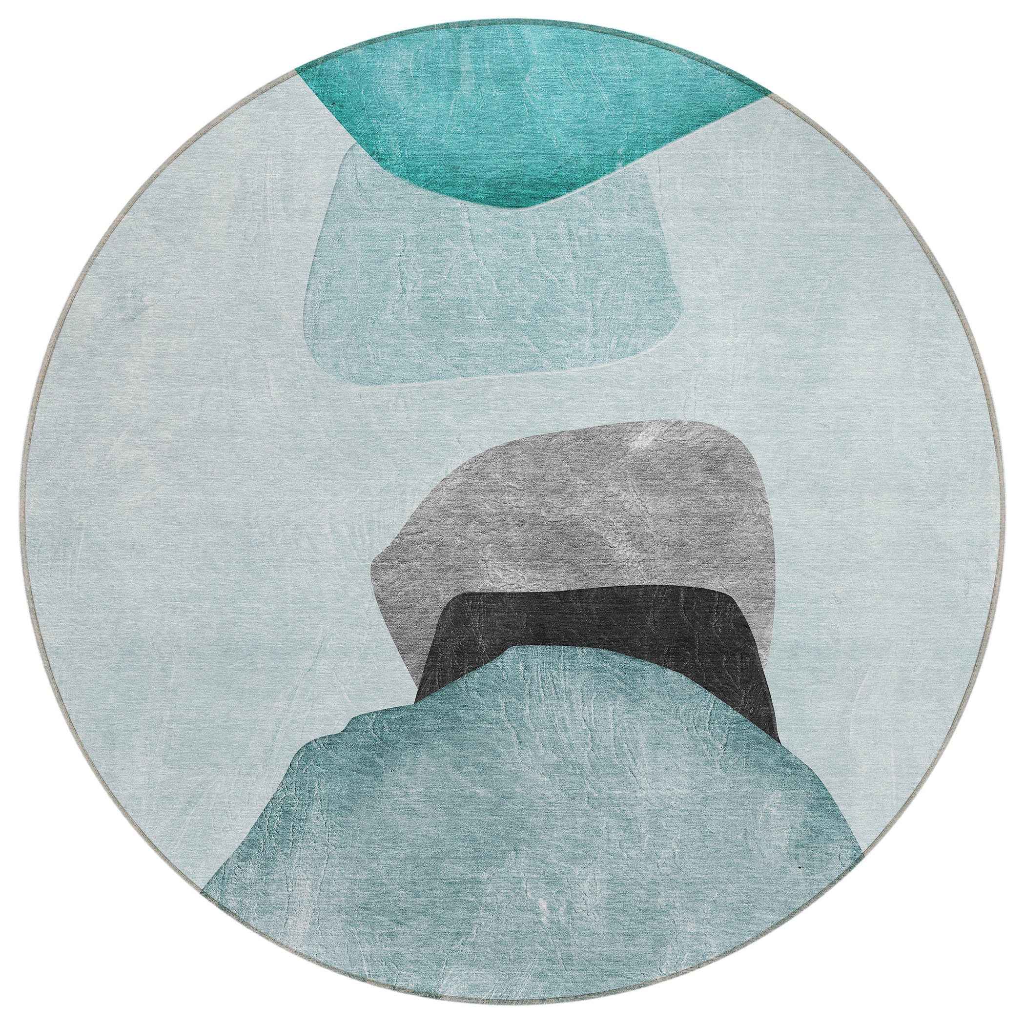 8' Round Ivory Teal and Gray Round Abstract Washable Non Skid Indoor Outdoor Area Rug