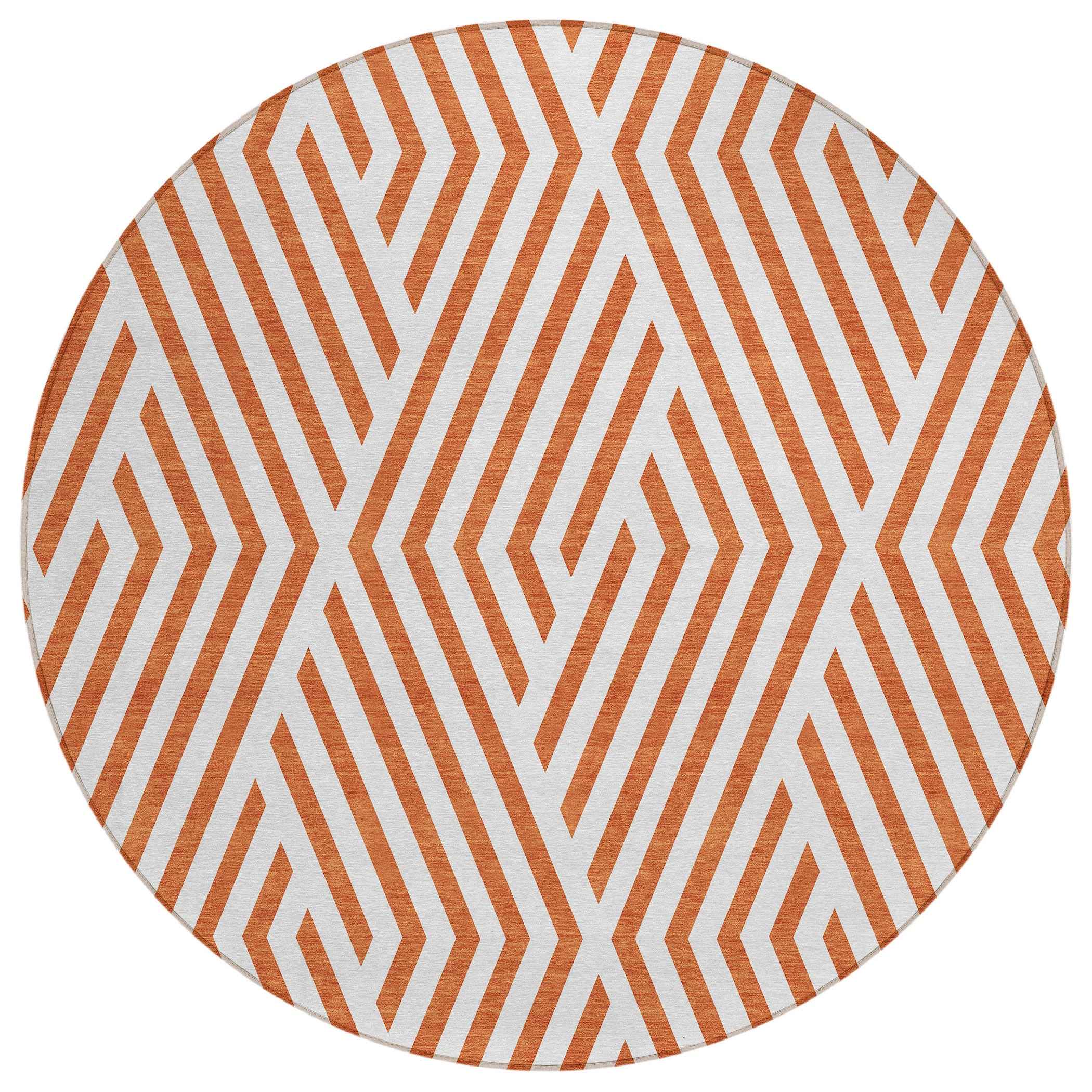 8' Round Orange and White Round Geometric Washable Non Skid Indoor Outdoor Area Rug