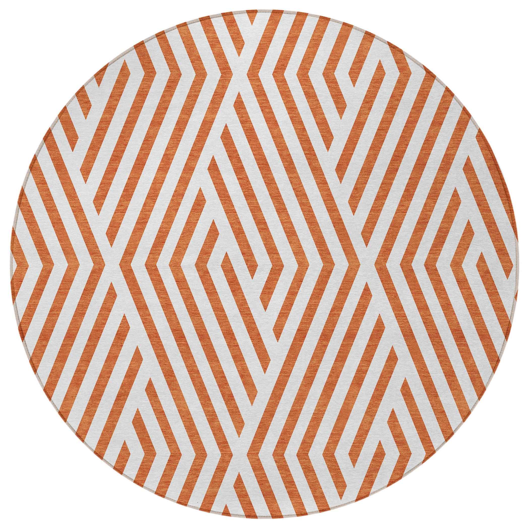 8' Round Orange and White Round Geometric Washable Non Skid Indoor Outdoor Area Rug