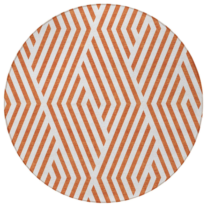 8' Round Orange and White Round Geometric Washable Non Skid Indoor Outdoor Area Rug