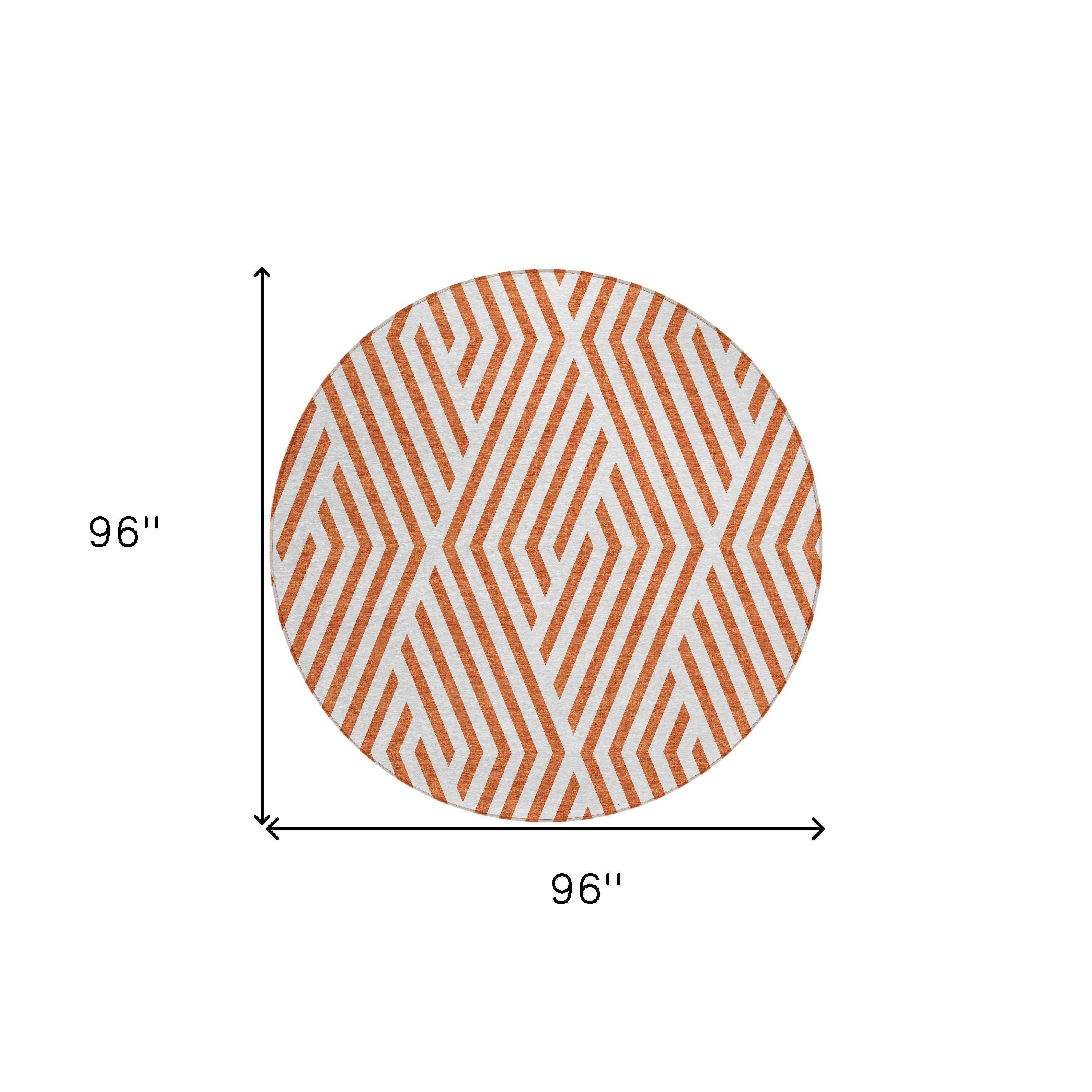 8' Round Orange and White Round Geometric Washable Non Skid Indoor Outdoor Area Rug