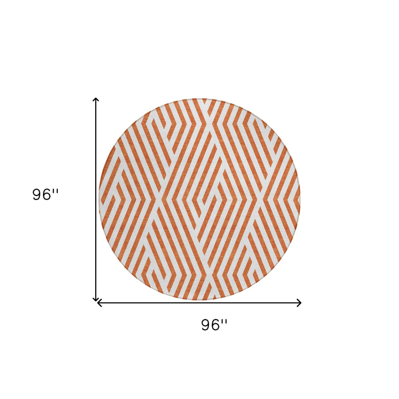 8' Round Orange and White Round Geometric Washable Non Skid Indoor Outdoor Area Rug