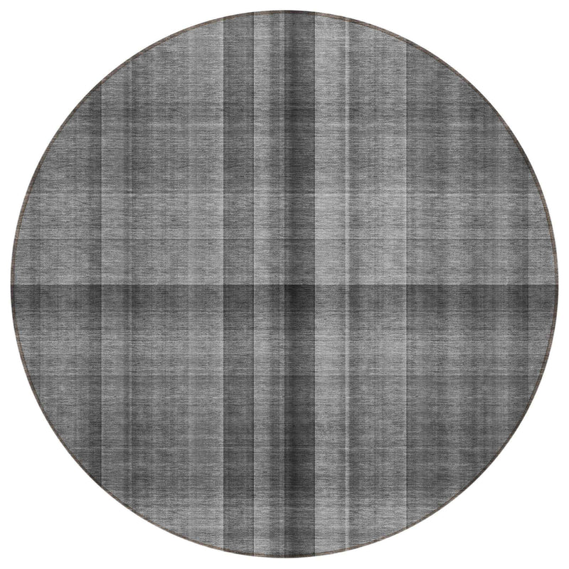 8' Round Gray Round Plaid Washable Non Skid Indoor Outdoor Area Rug