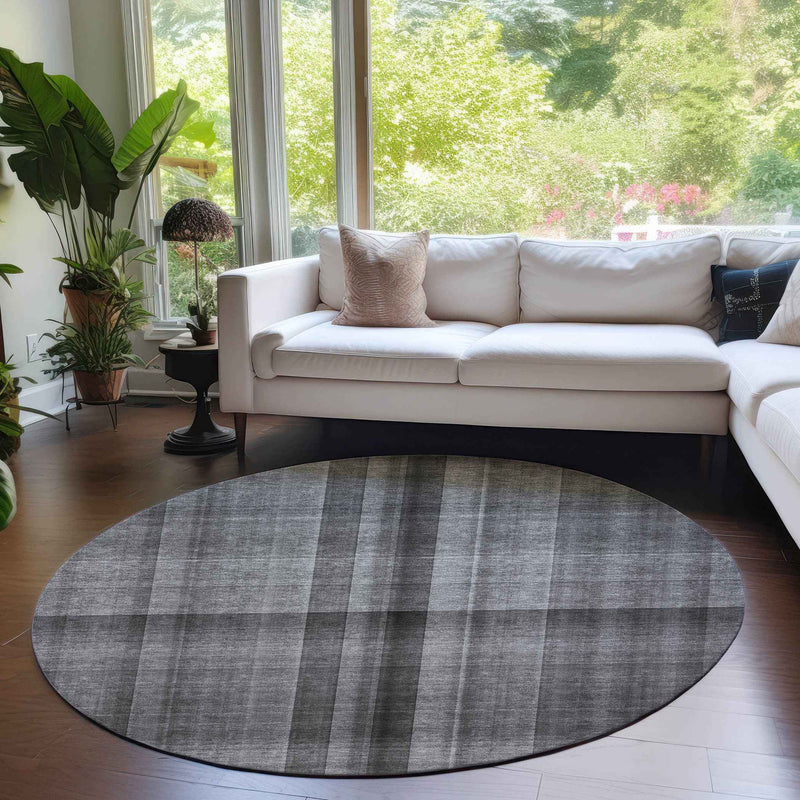8' Round Gray Round Plaid Washable Non Skid Indoor Outdoor Area Rug