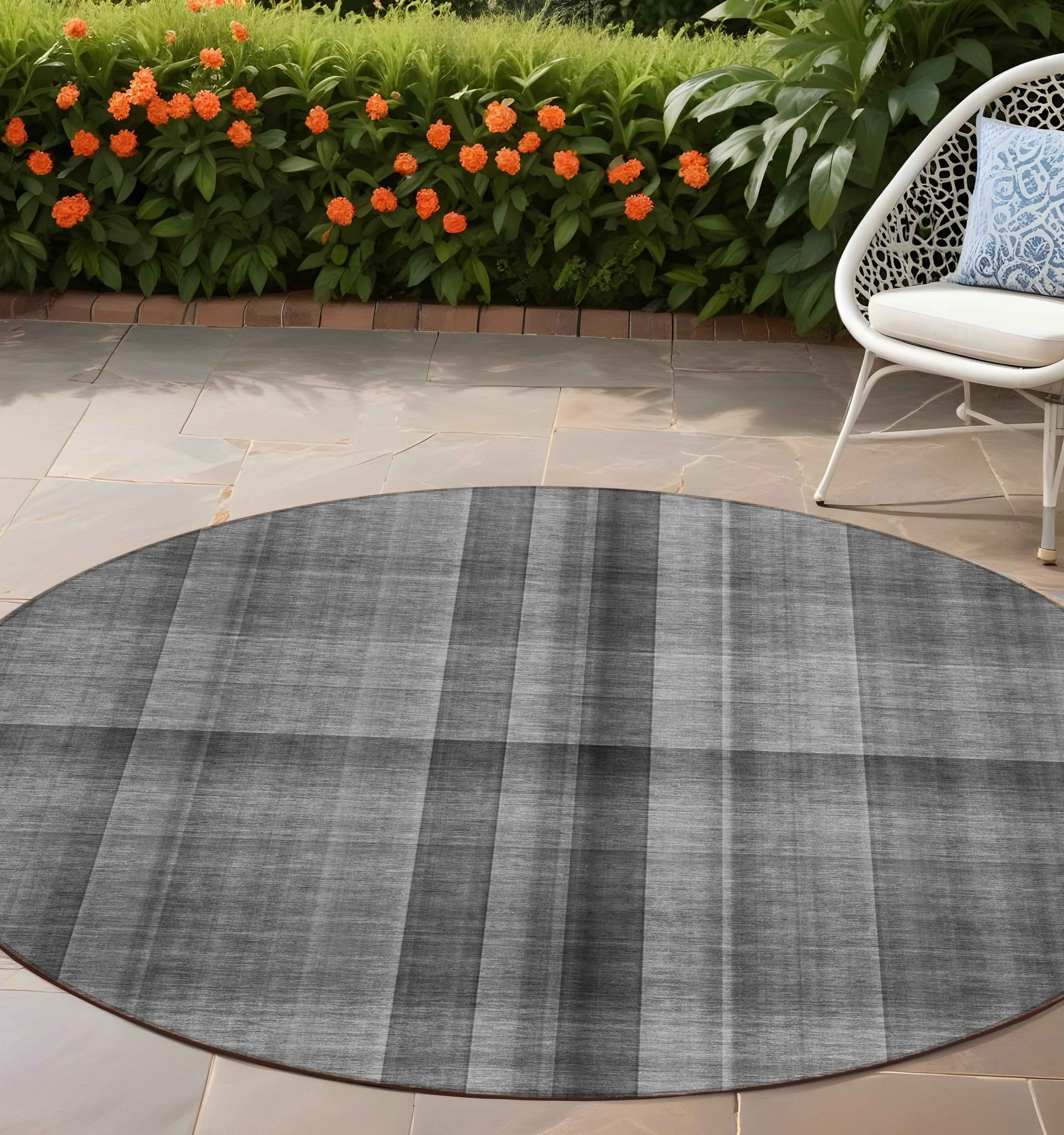 8' Round Gray Round Plaid Washable Non Skid Indoor Outdoor Area Rug