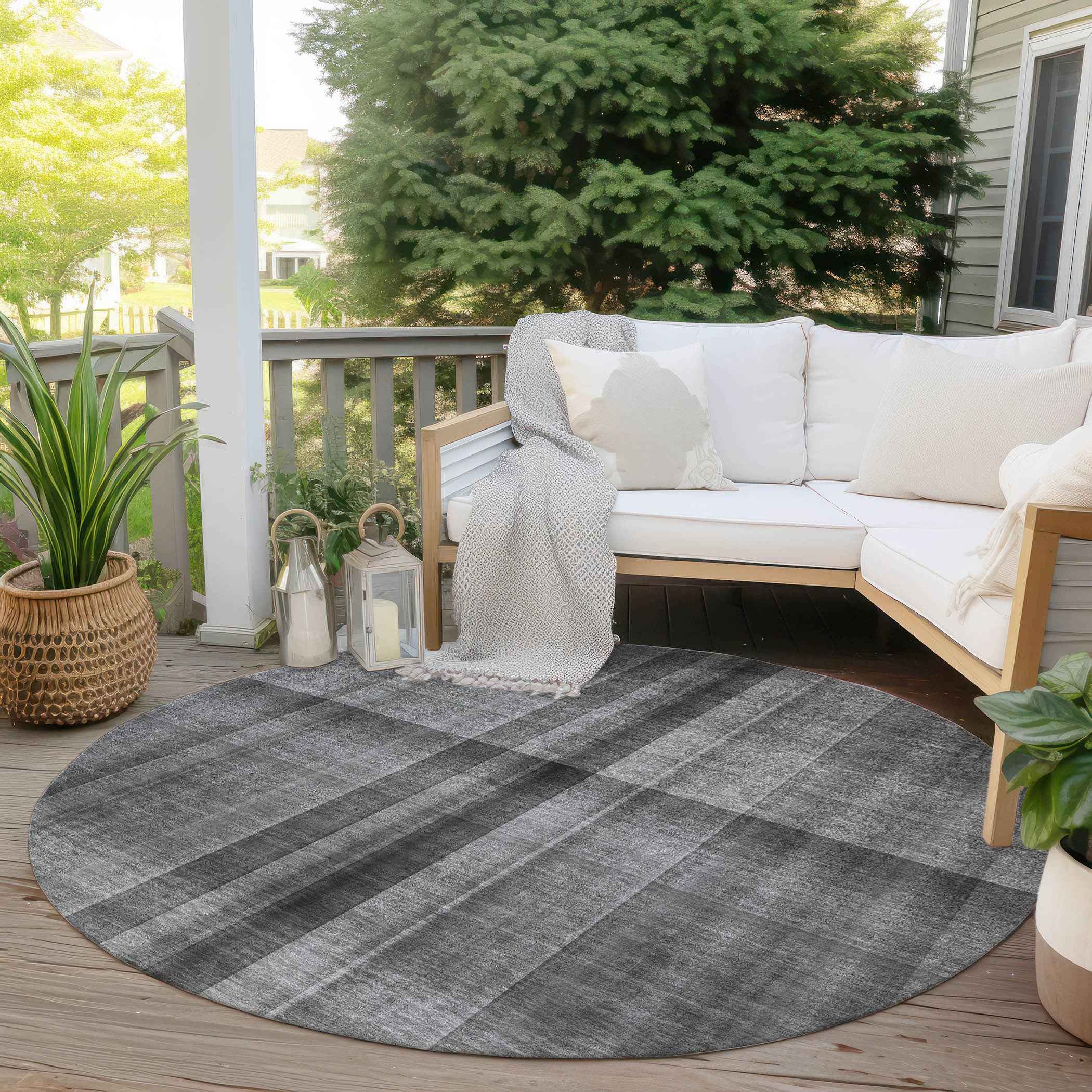 8' Round Gray Round Plaid Washable Non Skid Indoor Outdoor Area Rug