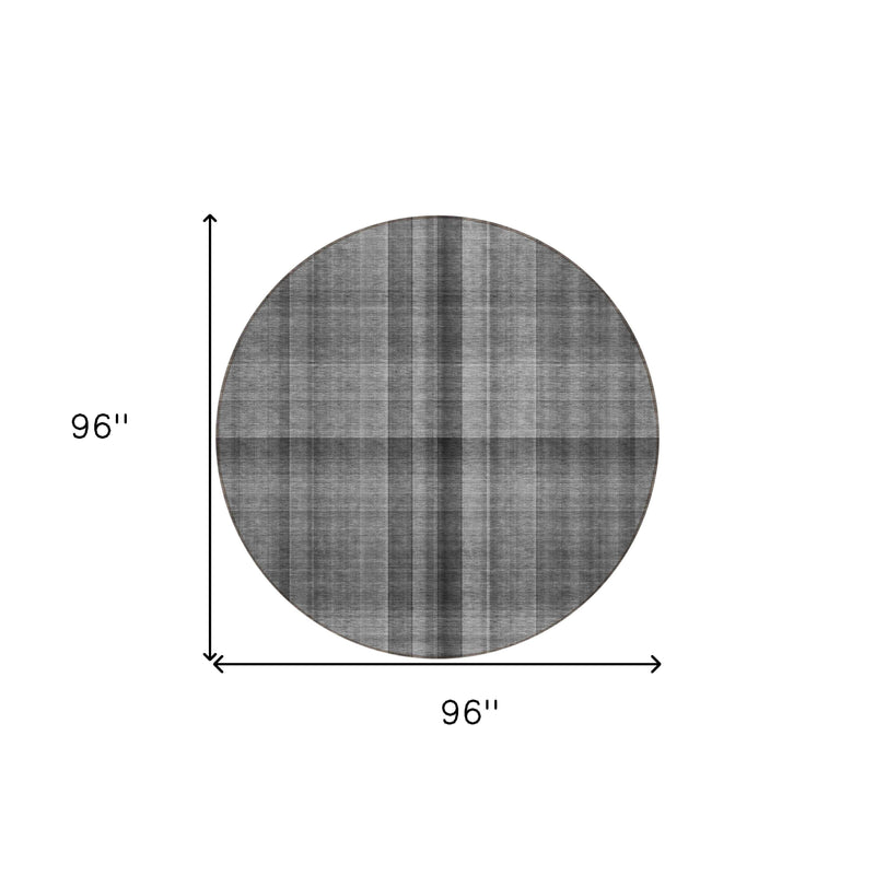 8' Round Gray Round Plaid Washable Non Skid Indoor Outdoor Area Rug