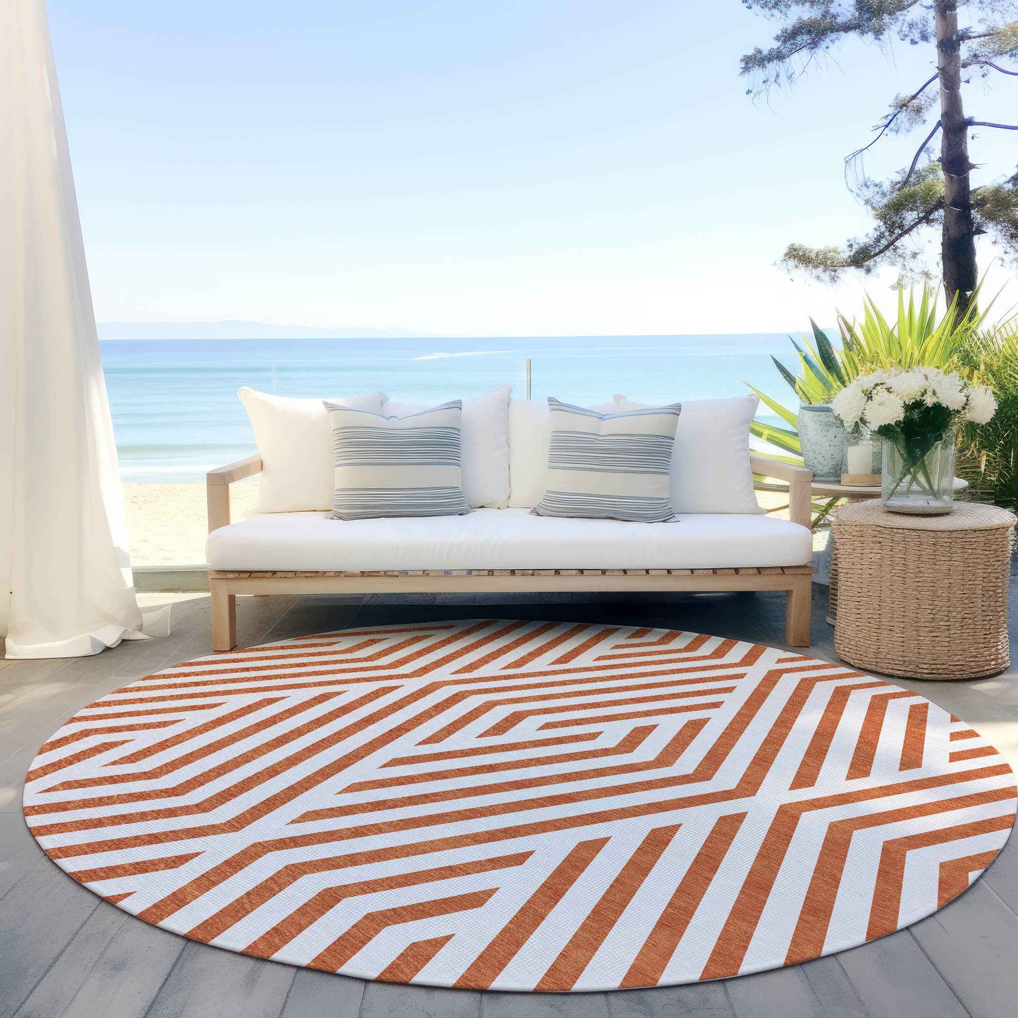 8' Round Orange and White Round Geometric Washable Non Skid Indoor Outdoor Area Rug