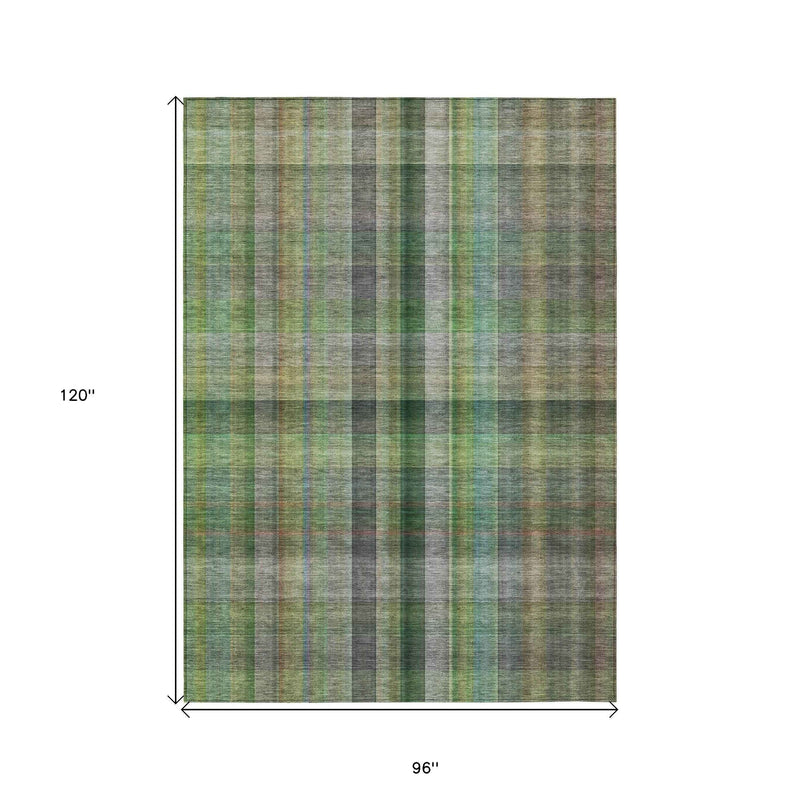 8' X 10' Green Plaid Washable Non Skid Indoor Outdoor Area Rug