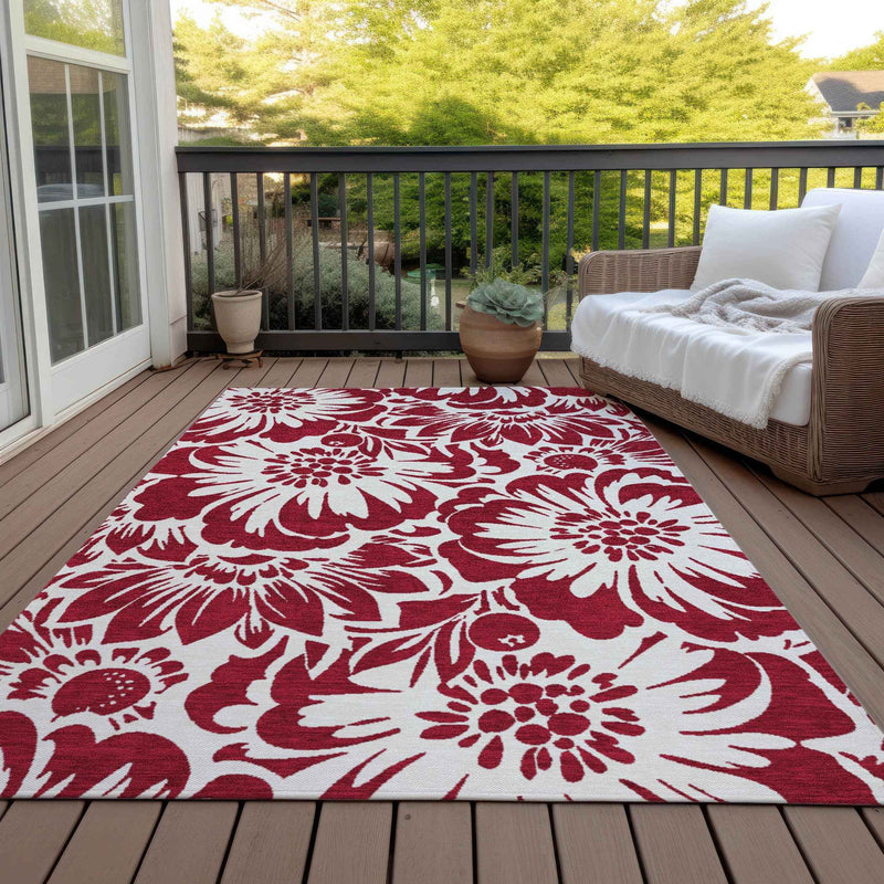 10' X 14' Burgundy and White Floral Washable Non Skid Indoor Outdoor Area Rug